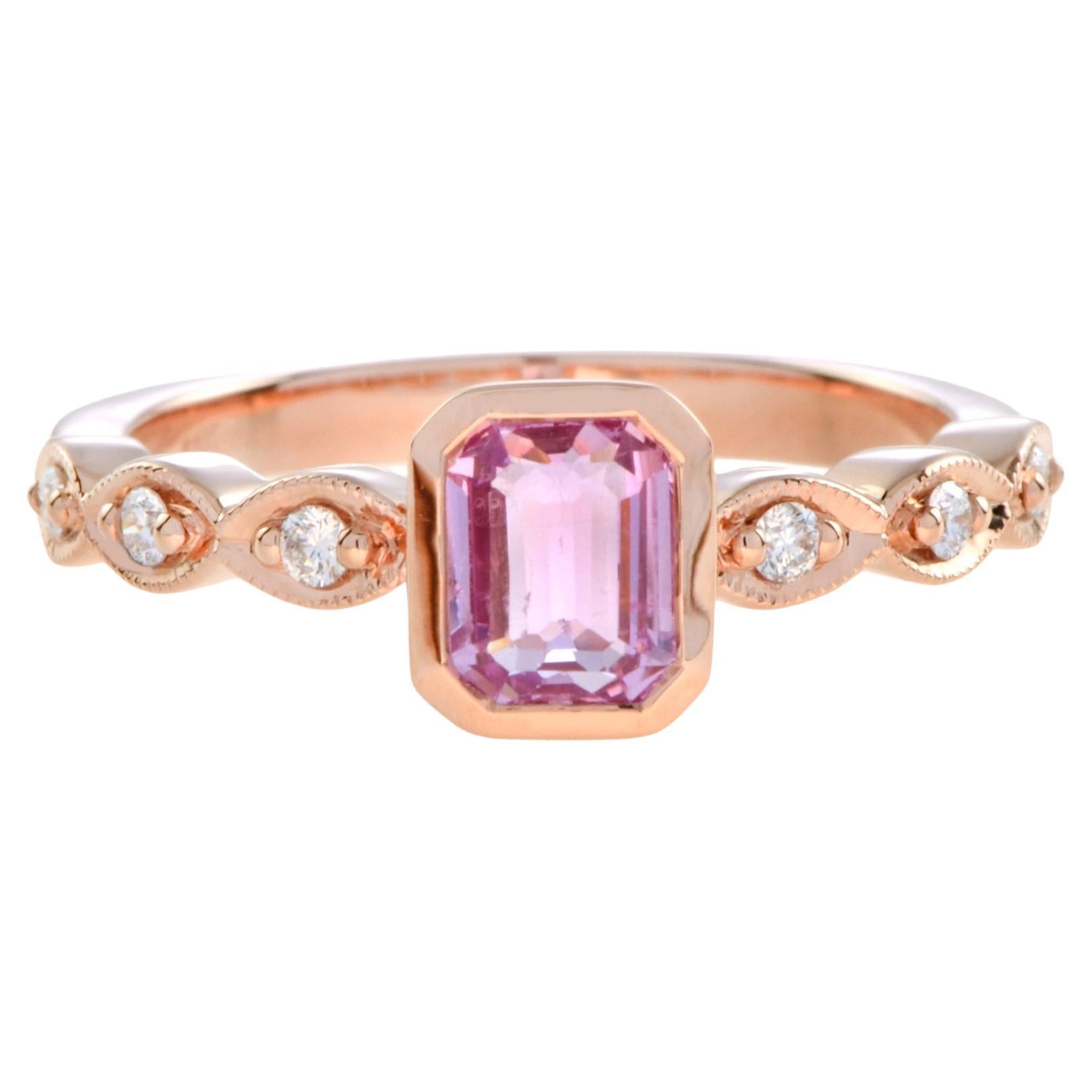 Certified Pink Sapphire and Diamond Engagement Ring in 18K Rose Gold For Sale
