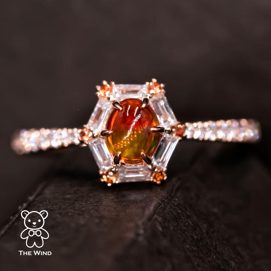 The One - Seltener zweifarbiger Feueropal Baguetteschliff Diamant Saphir Verlobungsring für Damen oder Herren im Angebot