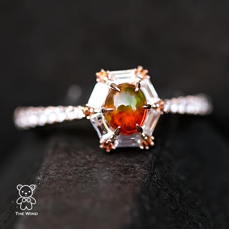 The One - Rare Two Tones Fire Opal Baguette Cut Diamond Sapphire Engagement Ring For Sale 2