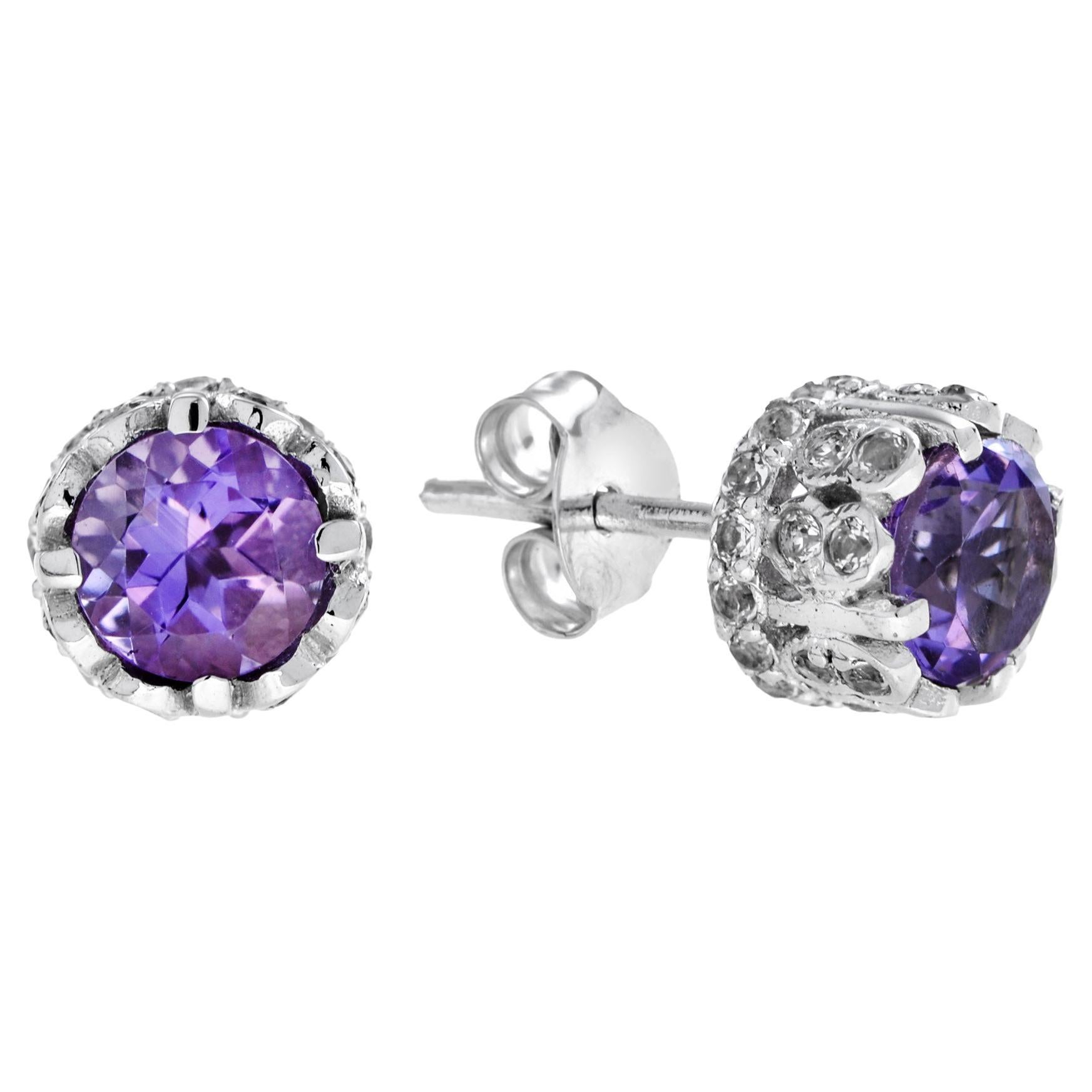 Natural Amethyst with Diamond Side Stud Earrings For Sale