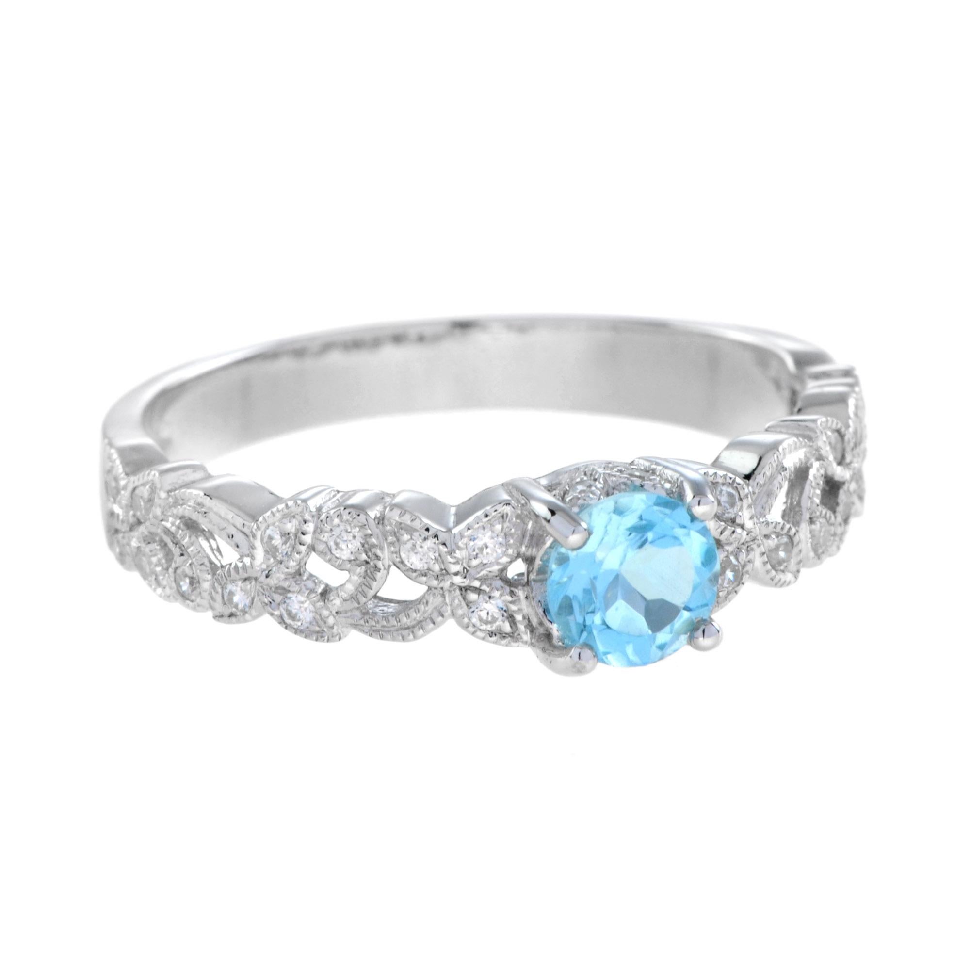 For Sale:  One Round Blue Topaz with Diamond Filigree Band Ring in 14K White Gold 2