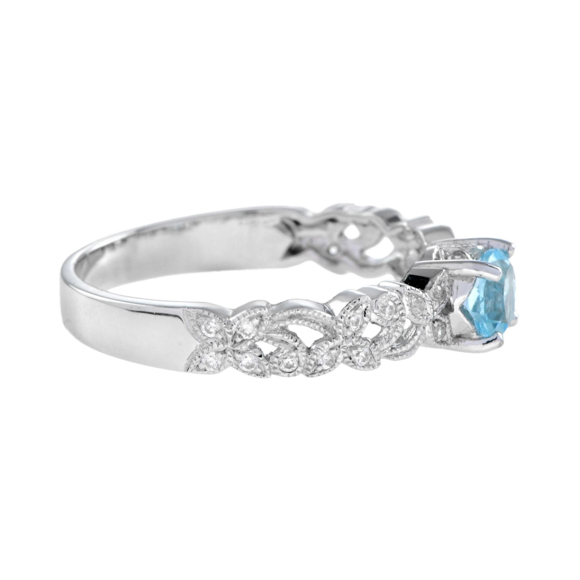 For Sale:  One Round Blue Topaz with Diamond Filigree Band Ring in 14K White Gold 3