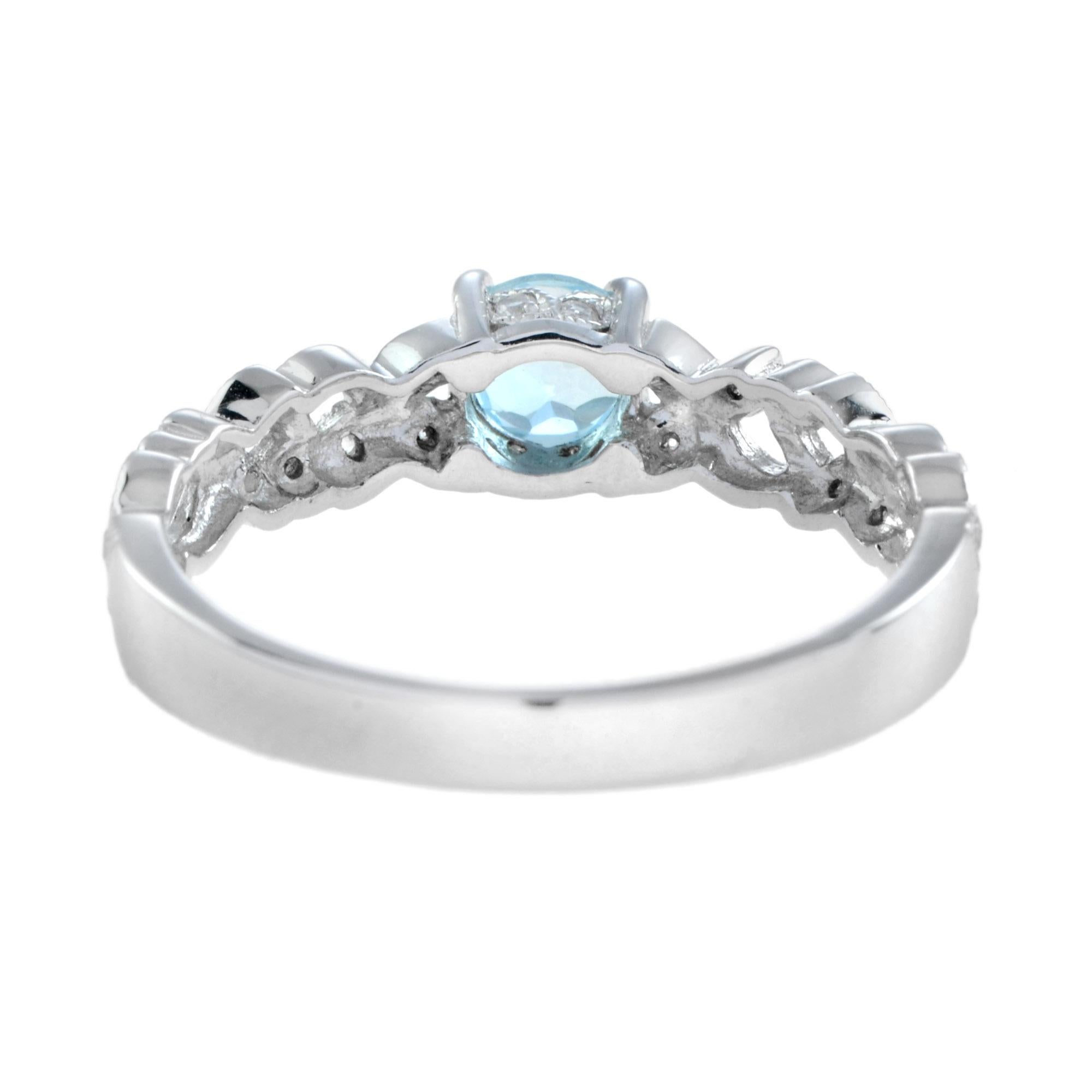 For Sale:  One Round Blue Topaz with Diamond Filigree Band Ring in 14K White Gold 4