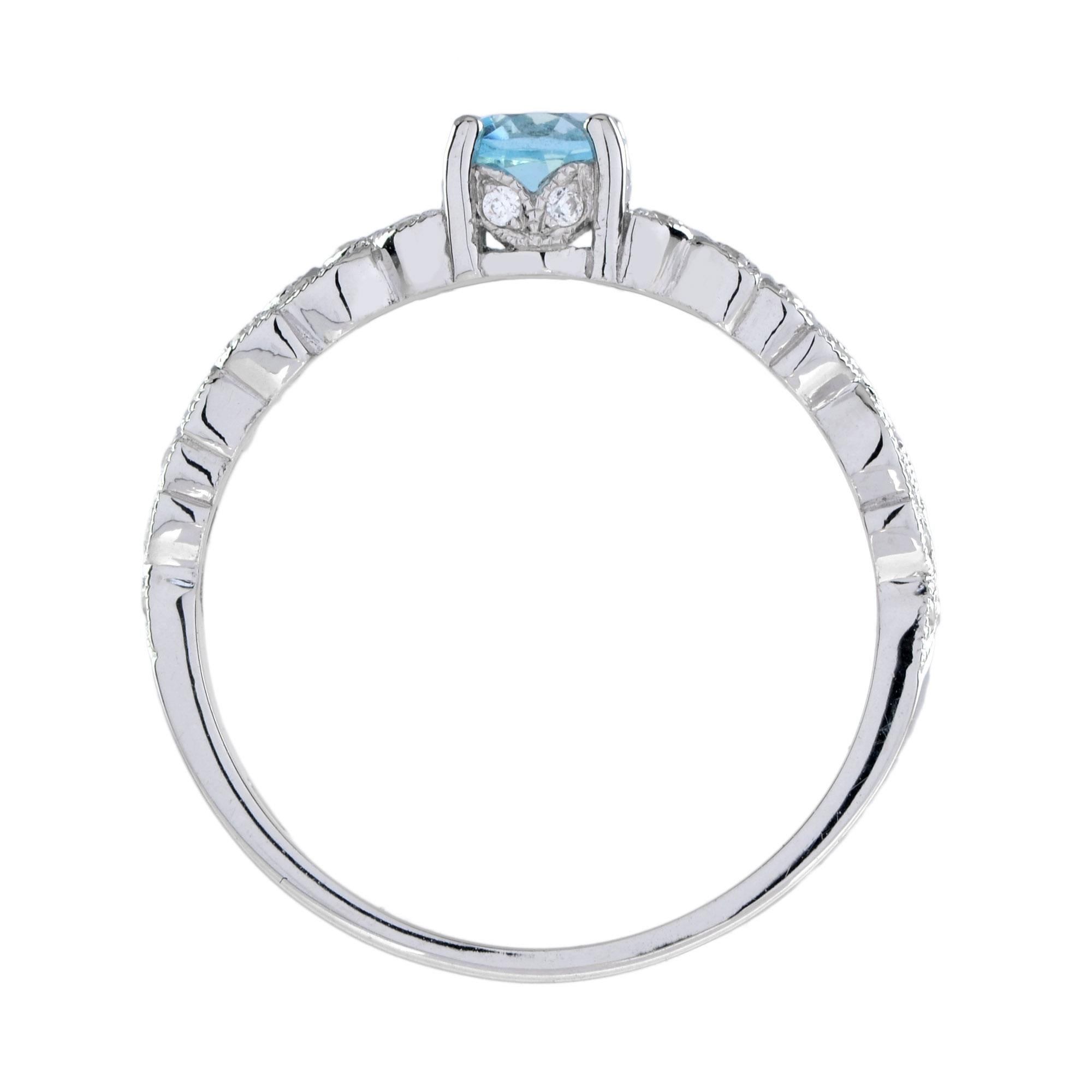 For Sale:  One Round Blue Topaz with Diamond Filigree Band Ring in 14K White Gold 5