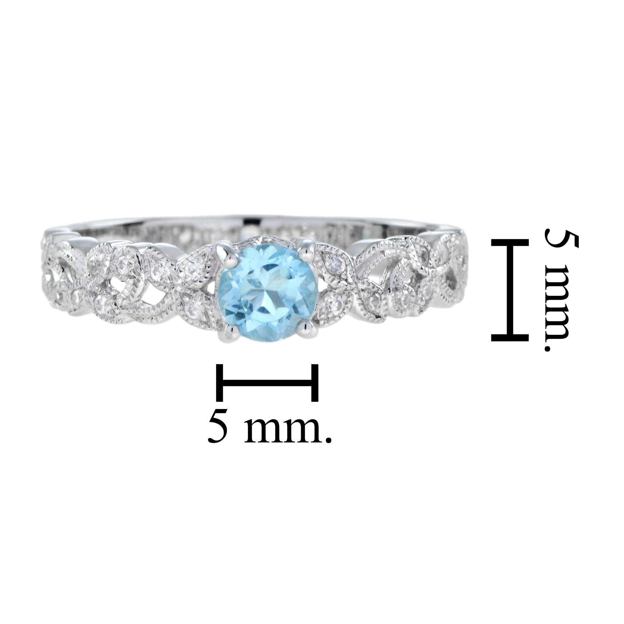 For Sale:  One Round Blue Topaz with Diamond Filigree Band Ring in 14K White Gold 6