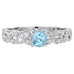 One Round Blue Topaz with Diamond Filigree Band Ring in 14K White Gold