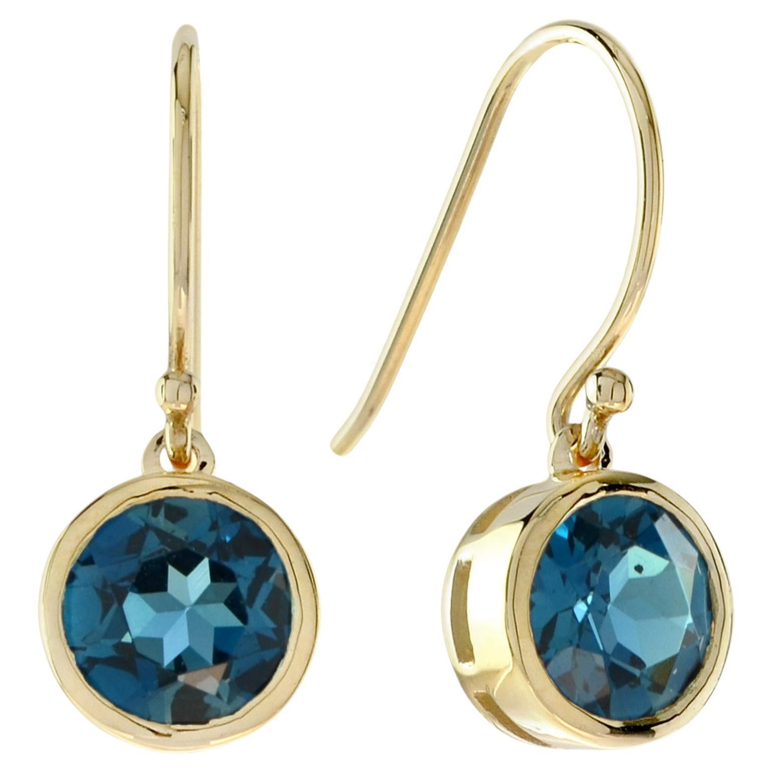 One Round London Blue Topaz Drop Earrings in 14K Yellow Gold For Sale