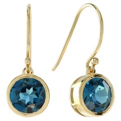 One Round London Blue Topaz Drop Earrings in 14K Yellow Gold