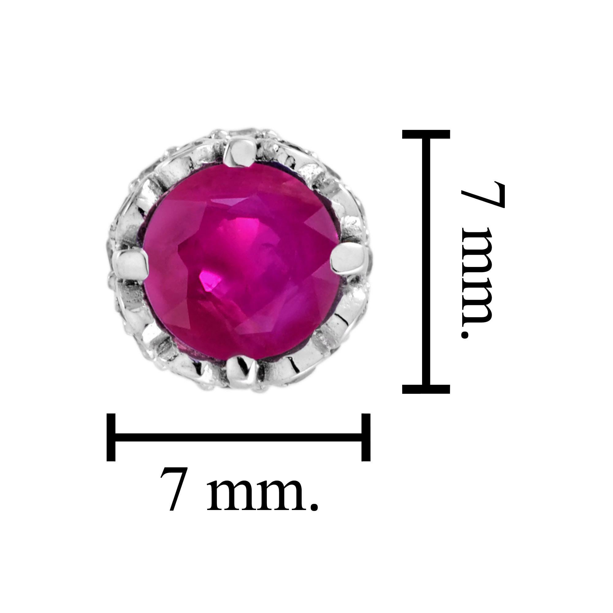 Round Cut Natural Ruby with Diamond Side Stud Earrings in 14K White Gold For Sale