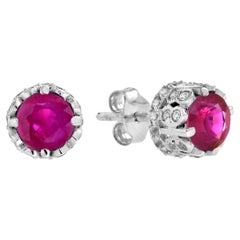 Natural Ruby with Diamond Side Stud Earrings in 14K White Gold