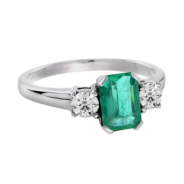 For Sale:  Emerald Cut Emerald and Round Diamond Solitaire Ring in 18k White Gold 2