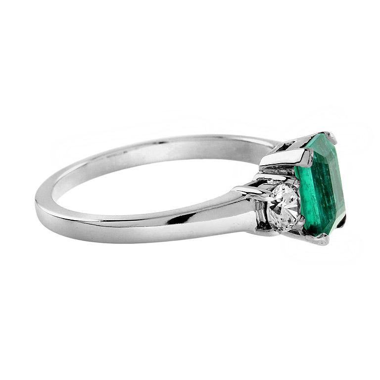 For Sale:  Emerald Cut Emerald and Round Diamond Solitaire Ring in 18k White Gold 3