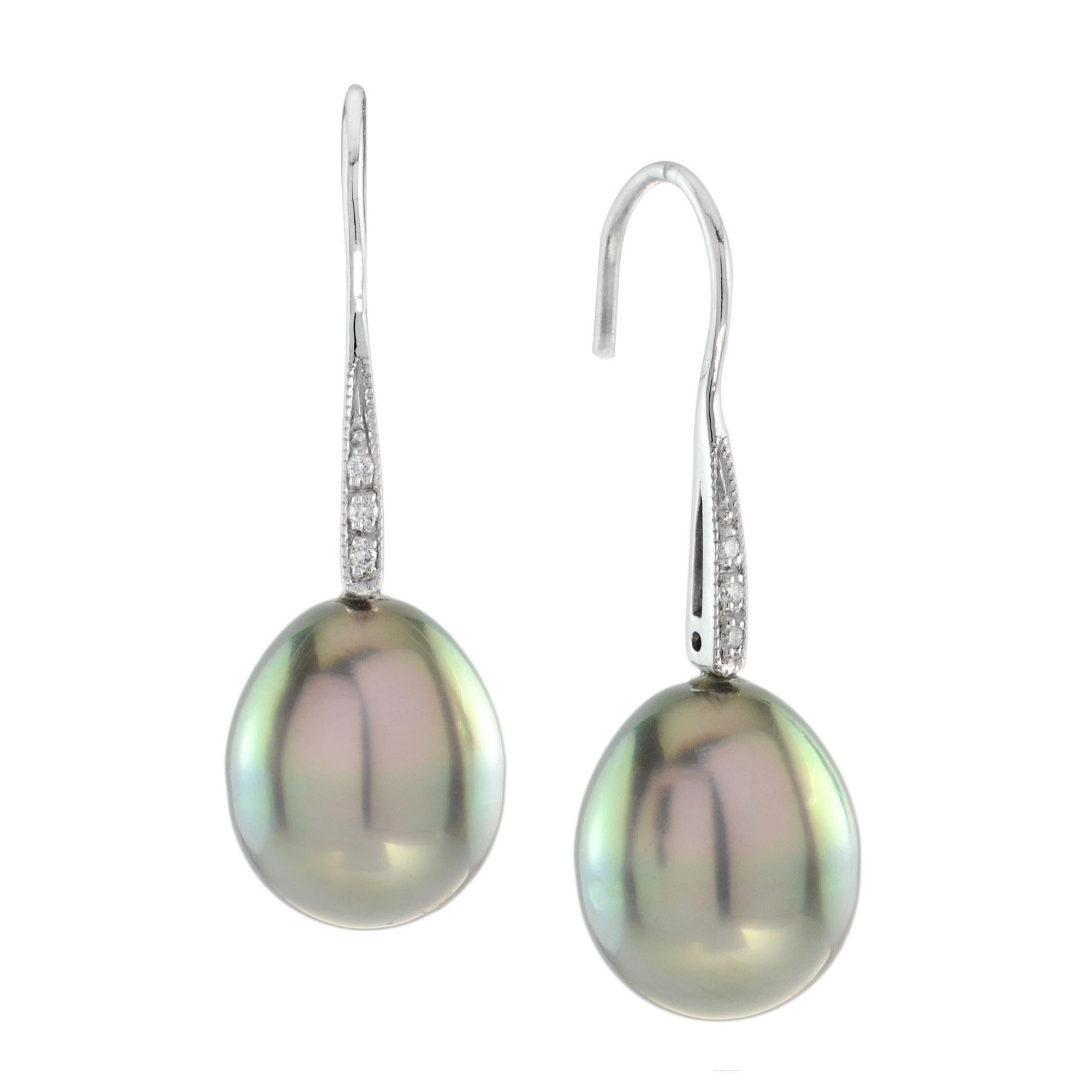 Art Deco Style South Sea Pearl and Diamond Drop Earrings in 18K White Gold