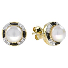 Freshwater Pearl with Diamond and Onyx Yellow Gold Stud Earrings in 18K Gold