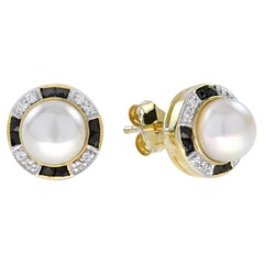 Orecchini con perle d'acqua dolce, diamanti e onice in oro giallo, oro 18 carati