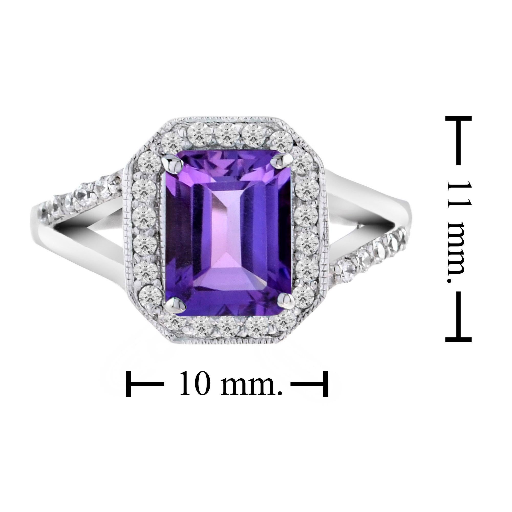 For Sale:  Emerald Cut Amethyst and Diamond Split Shank Engagement Ring in 18K White Gold 6