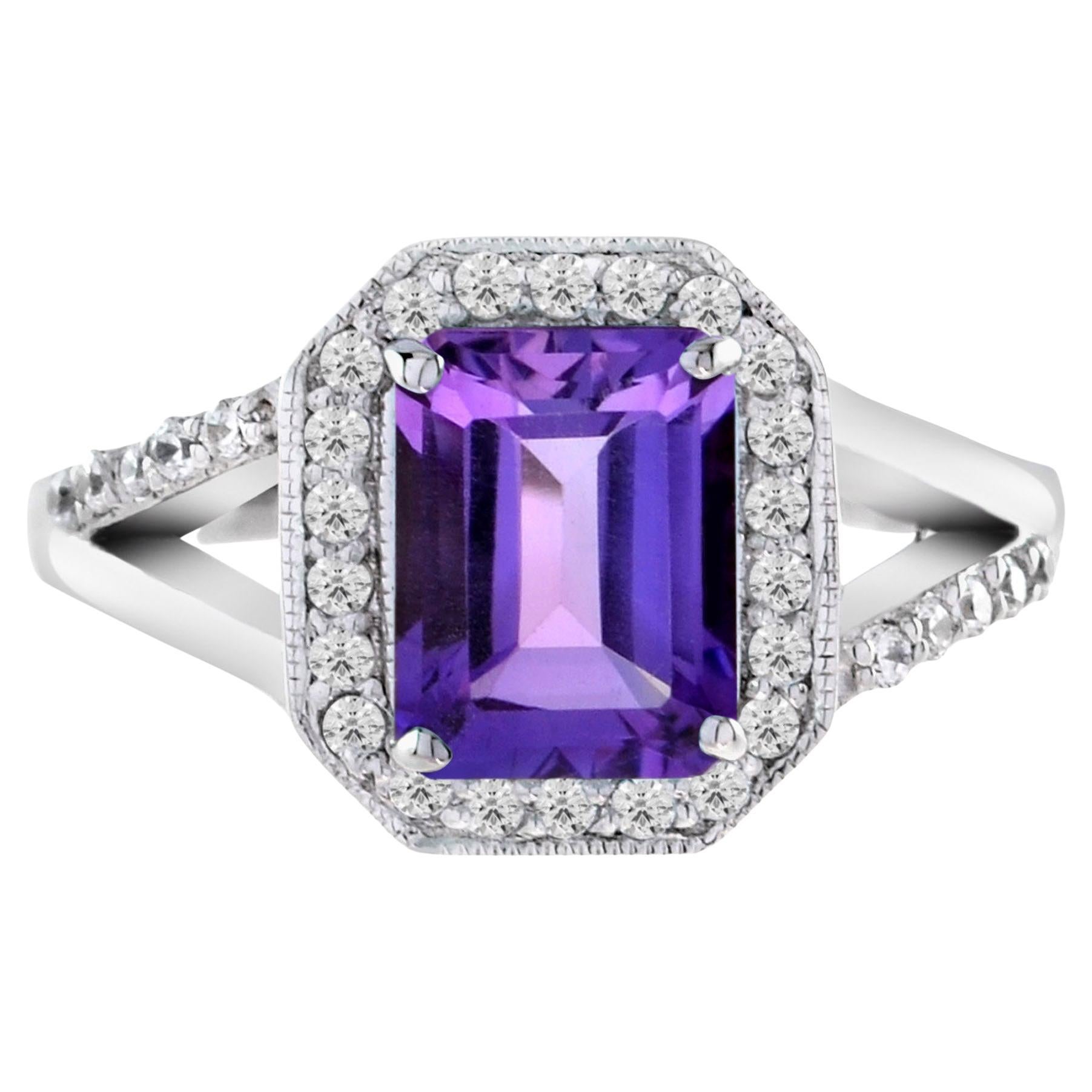 For Sale:  Emerald Cut Amethyst and Diamond Split Shank Engagement Ring in 18K White Gold