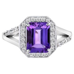 Emerald Cut Amethyst and Diamond Split Shank Engagement Ring in 18K White Gold