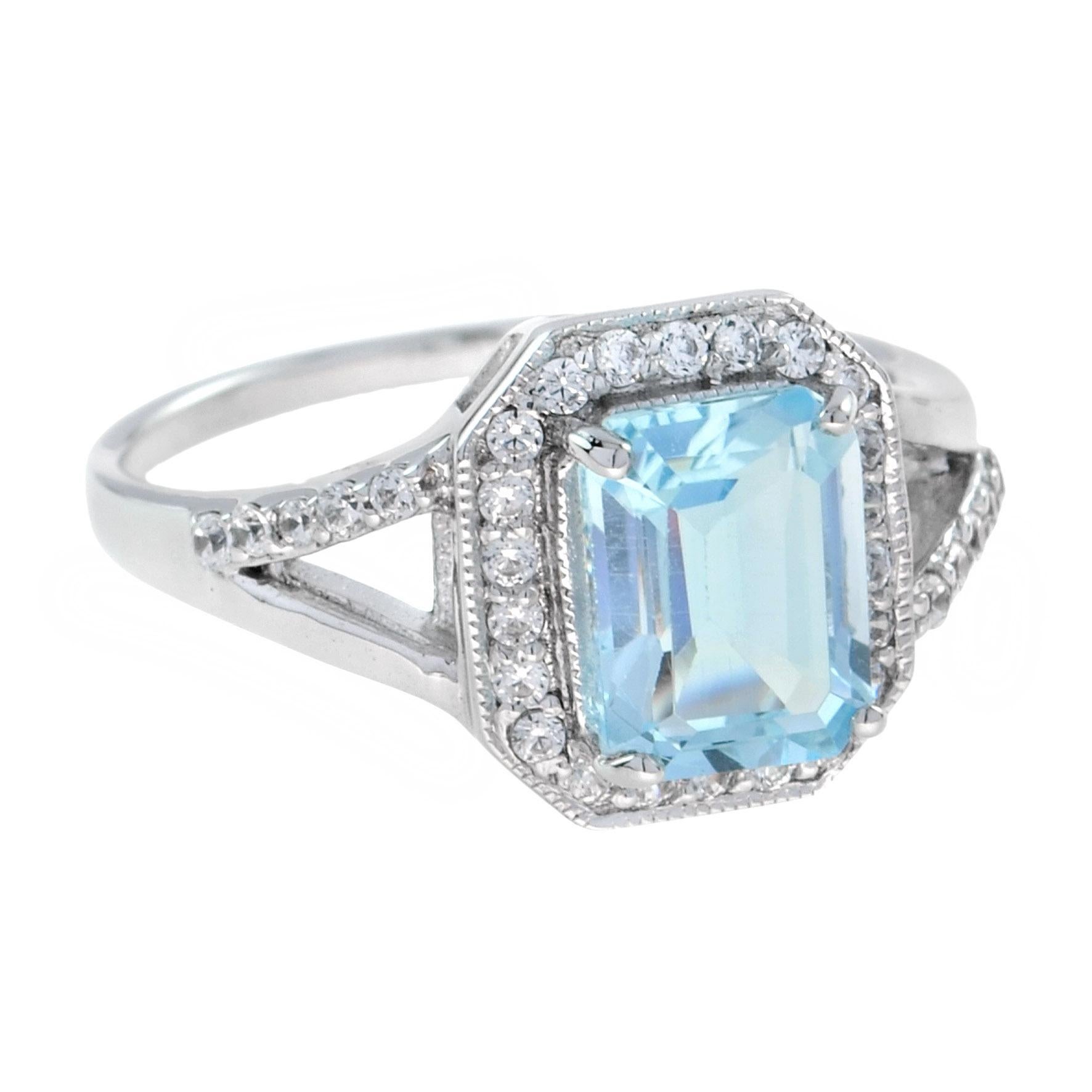 For Sale:  Emerald Cut Aquamarine and Diamond Split Shank Halo Ring in 18K White Gold 2