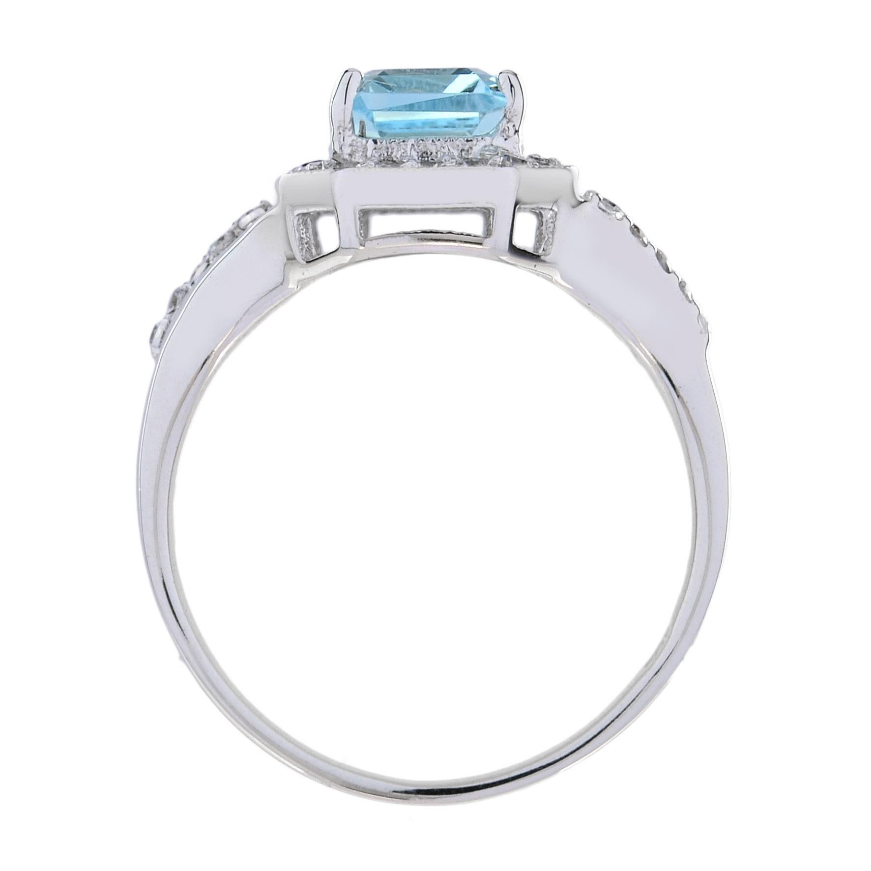 For Sale:  Emerald Cut Aquamarine and Diamond Split Shank Halo Ring in 18K White Gold 5