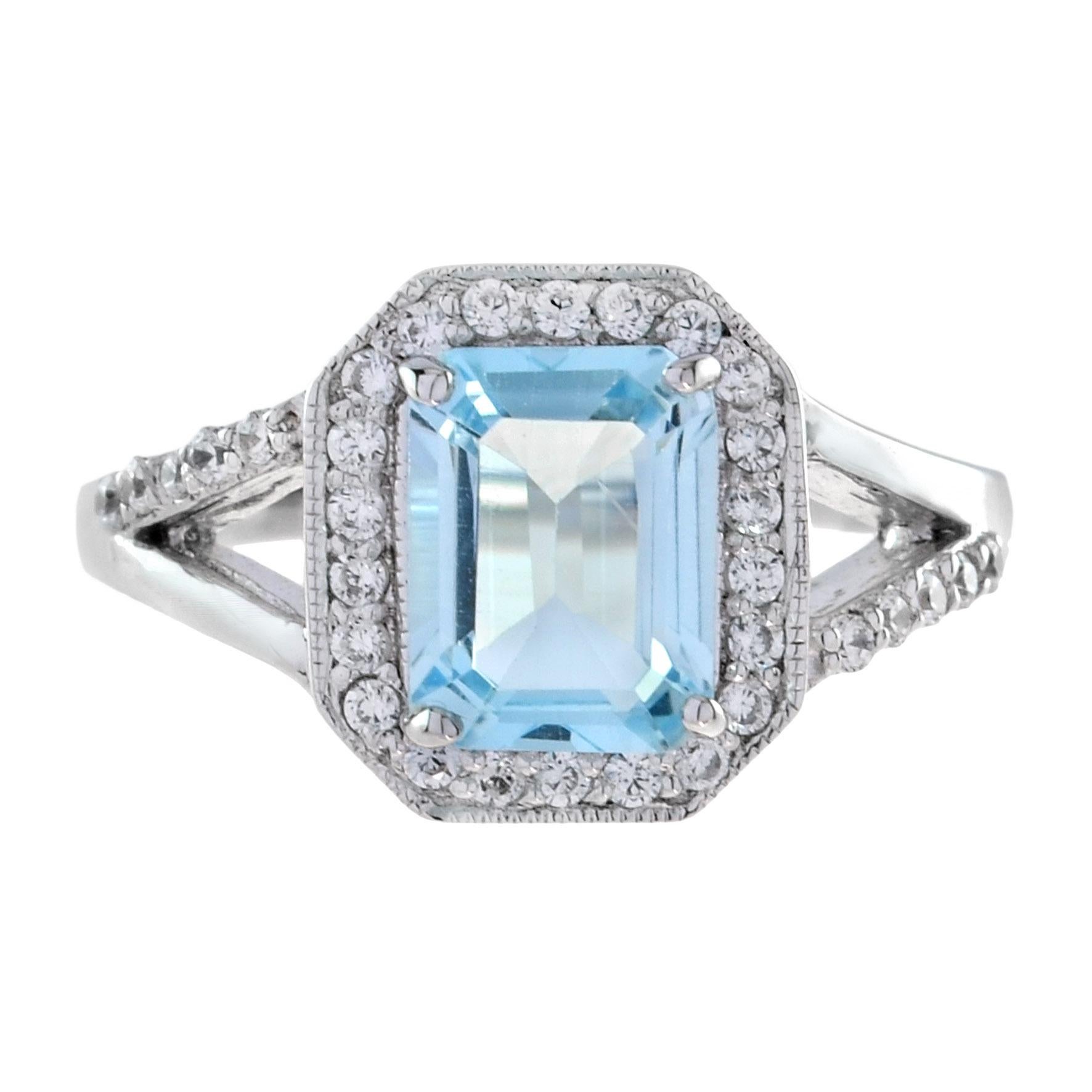 For Sale:  Emerald Cut Aquamarine and Diamond Split Shank Halo Ring in 18K White Gold
