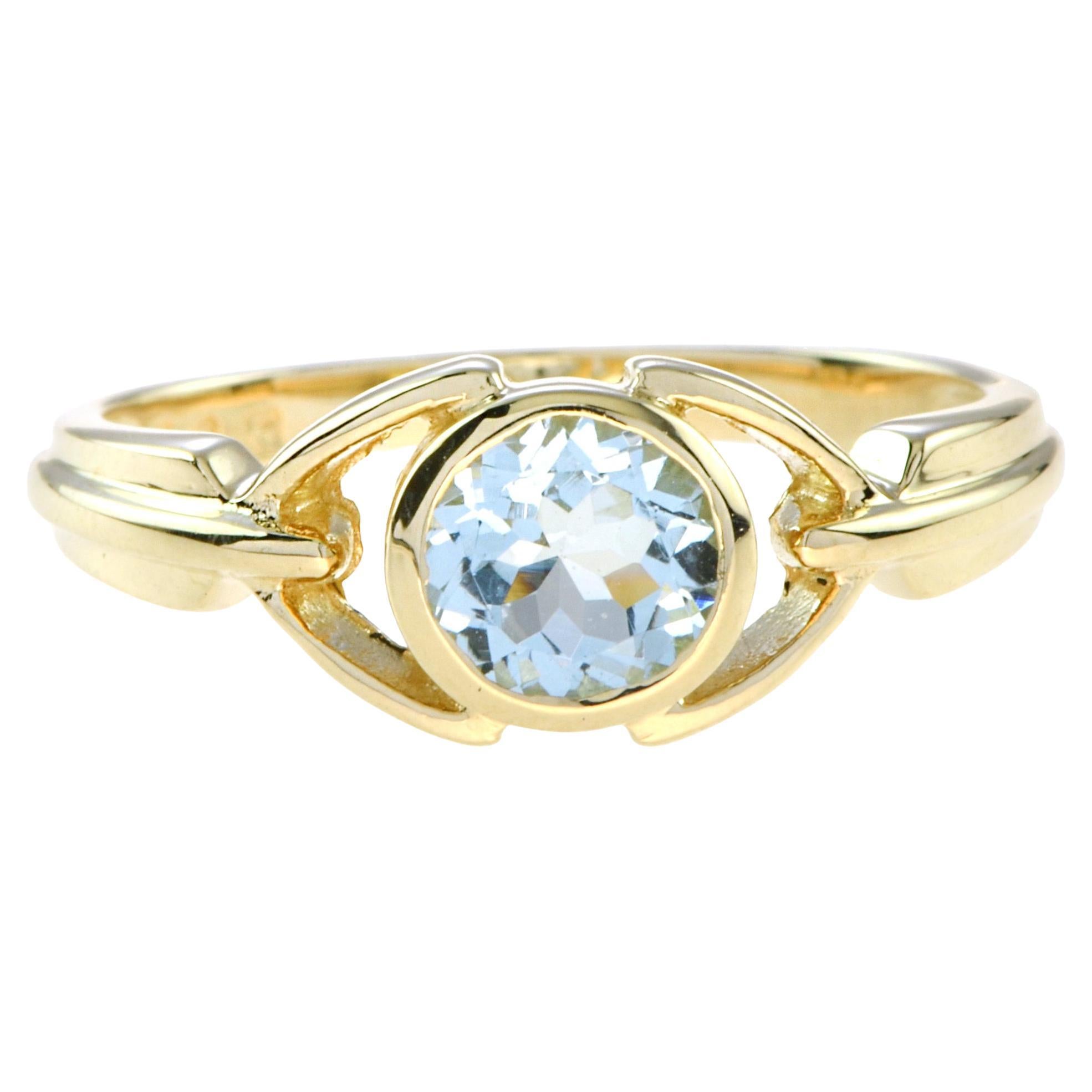 For Sale:  Vintage Style Round Aquamarine Bezel Set Ring in 14K Yellow Gold