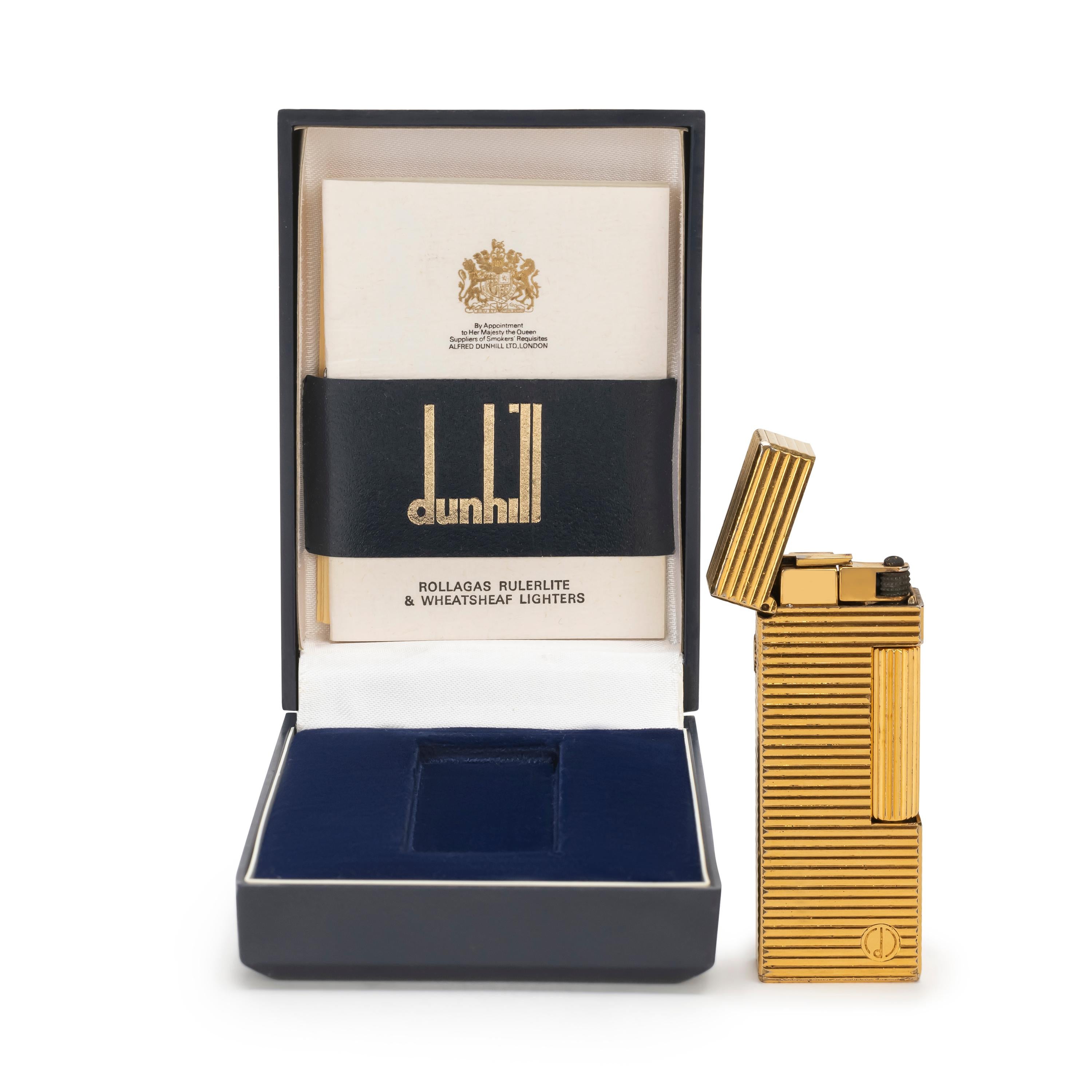 Rare, Iconic, chic and Elegant Dunhill Gold Plated Swiss Made Lighter.
Seen in the “James Bond” films. 
In mint condition. 
Works perfectly. 
Iconic and beautifully engineered piece in rare condition.
In original dunhill Blue box which is as good as