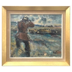 "L'ornithologue" par Kai Kai (1931-2007) - peinture à l'huile danoise vintage