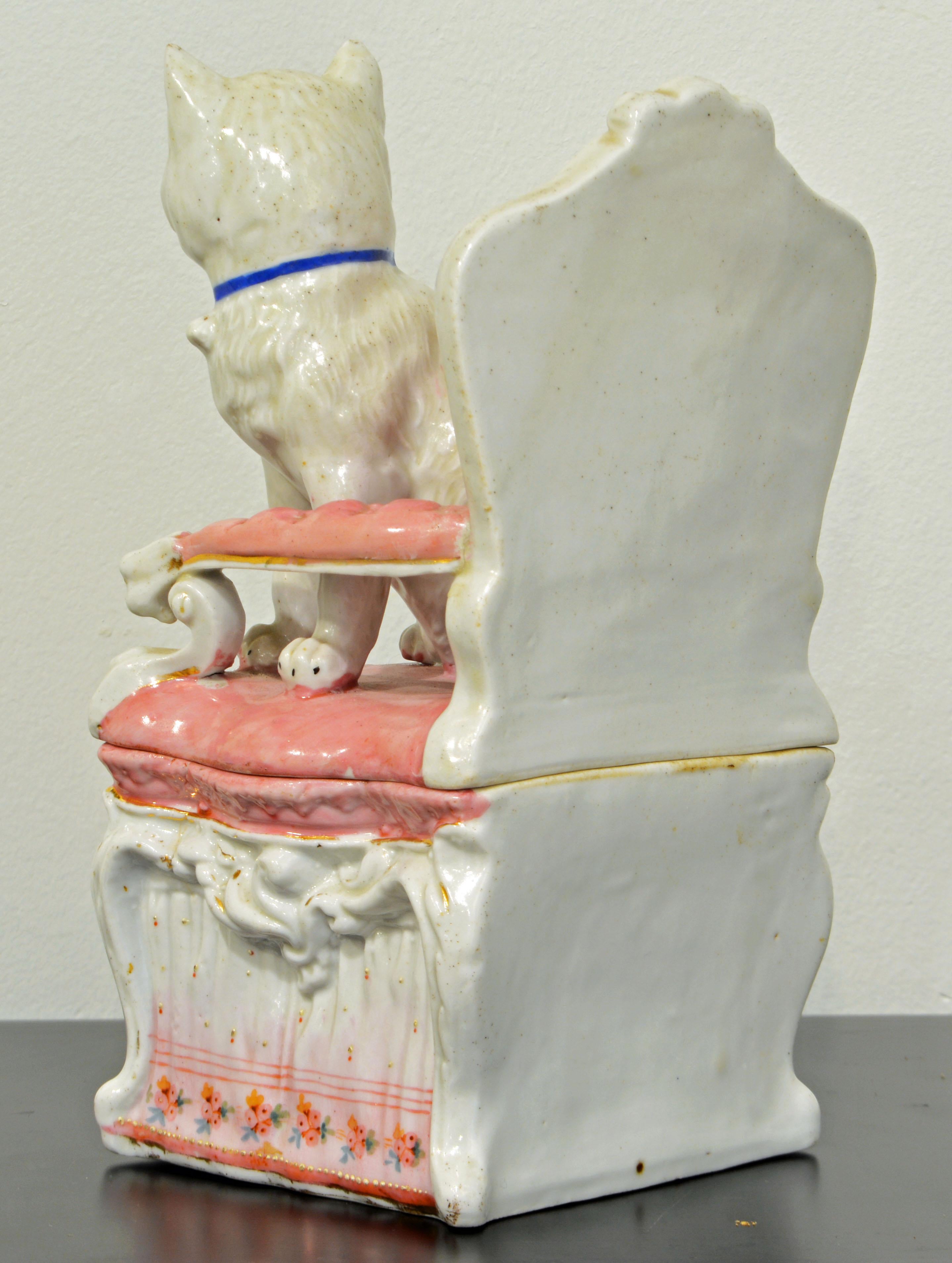 Late Victorian 'The Orphan' English Statfordshire Two Part Porcelain Figurine of Cat on a Chair