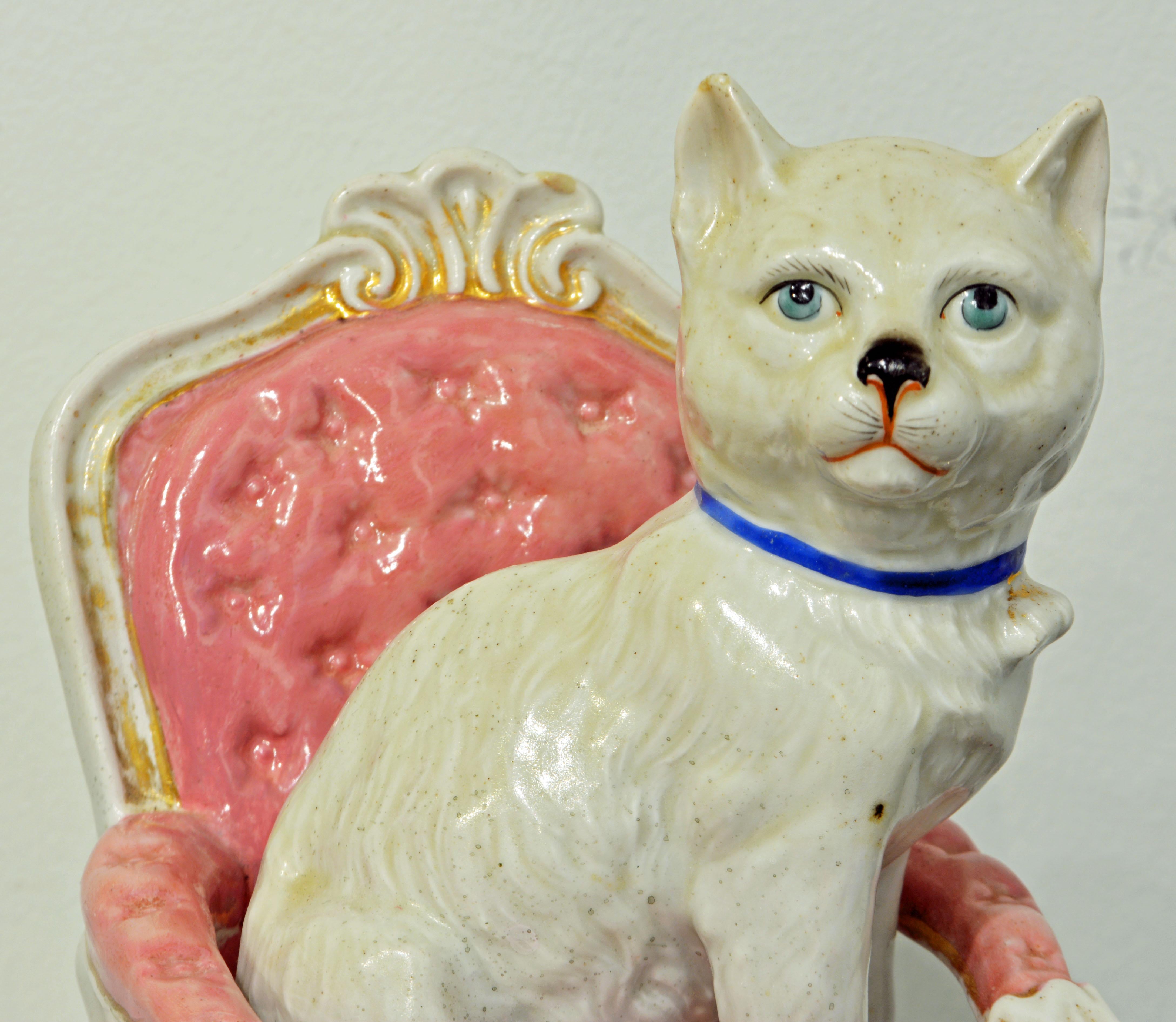 'The Orphan' English Statfordshire Two Part Porcelain Figurine of Cat on a Chair In Good Condition In Ft. Lauderdale, FL