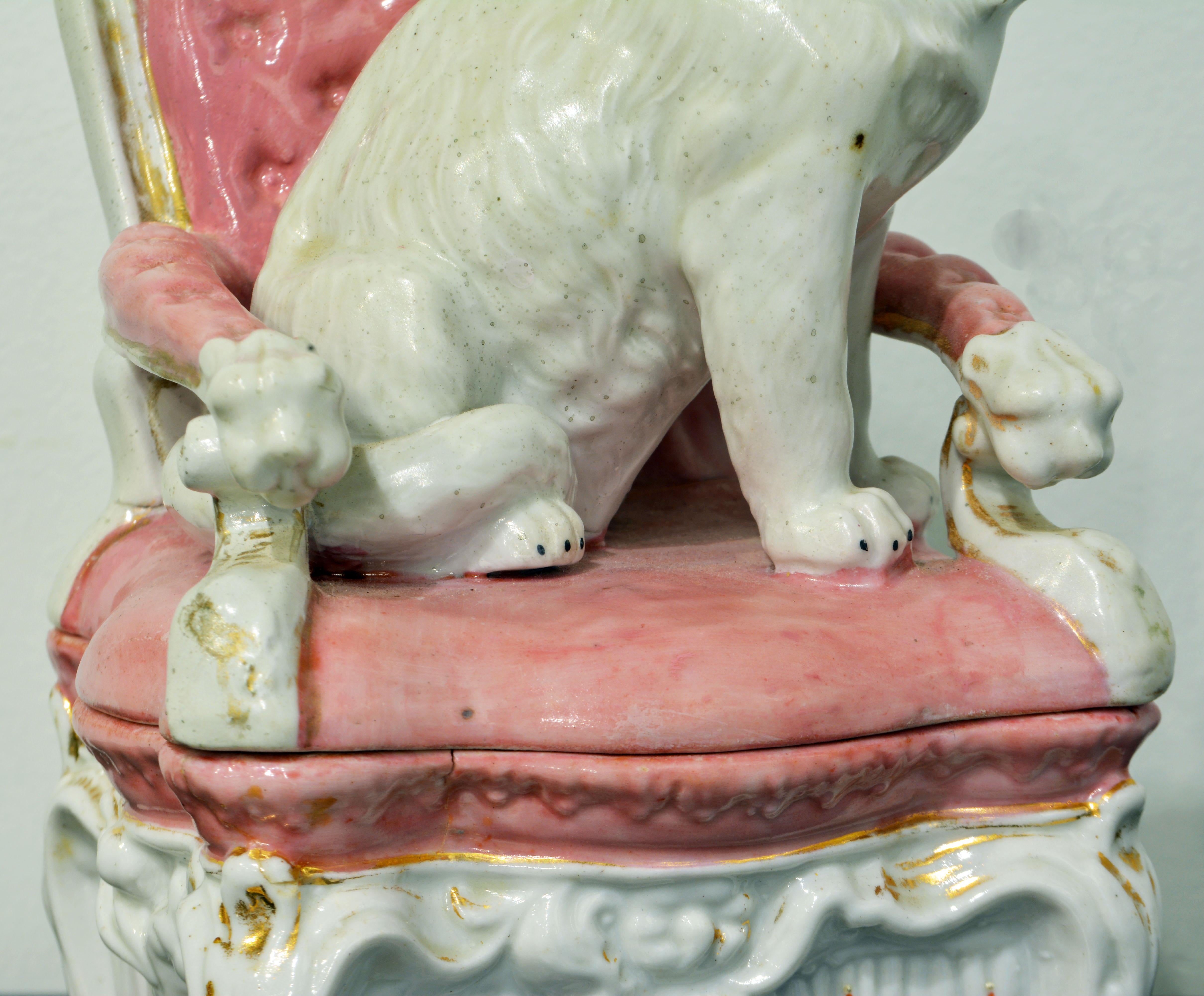 19th Century 'The Orphan' English Statfordshire Two Part Porcelain Figurine of Cat on a Chair