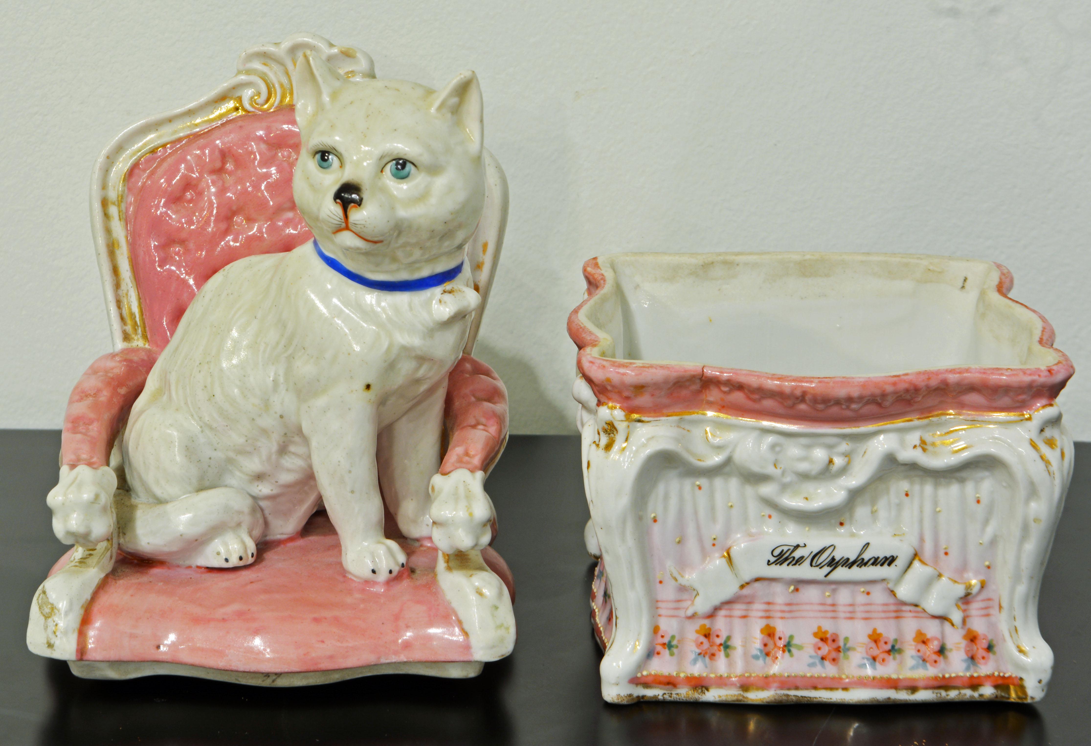 'The Orphan' English Statfordshire Two Part Porcelain Figurine of Cat on a Chair 2
