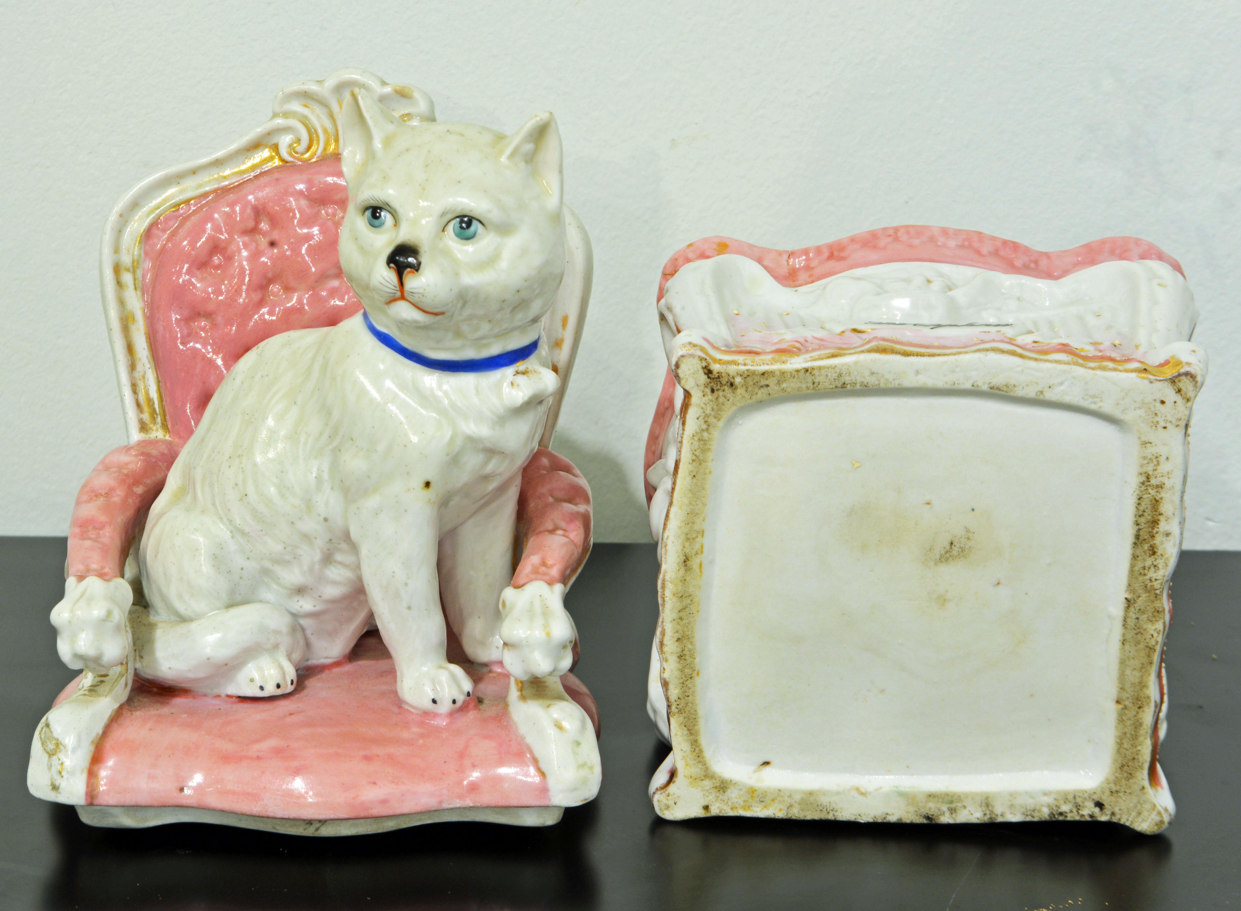 'The Orphan' English Statfordshire Two Part Porcelain Figurine of Cat on a Chair 3