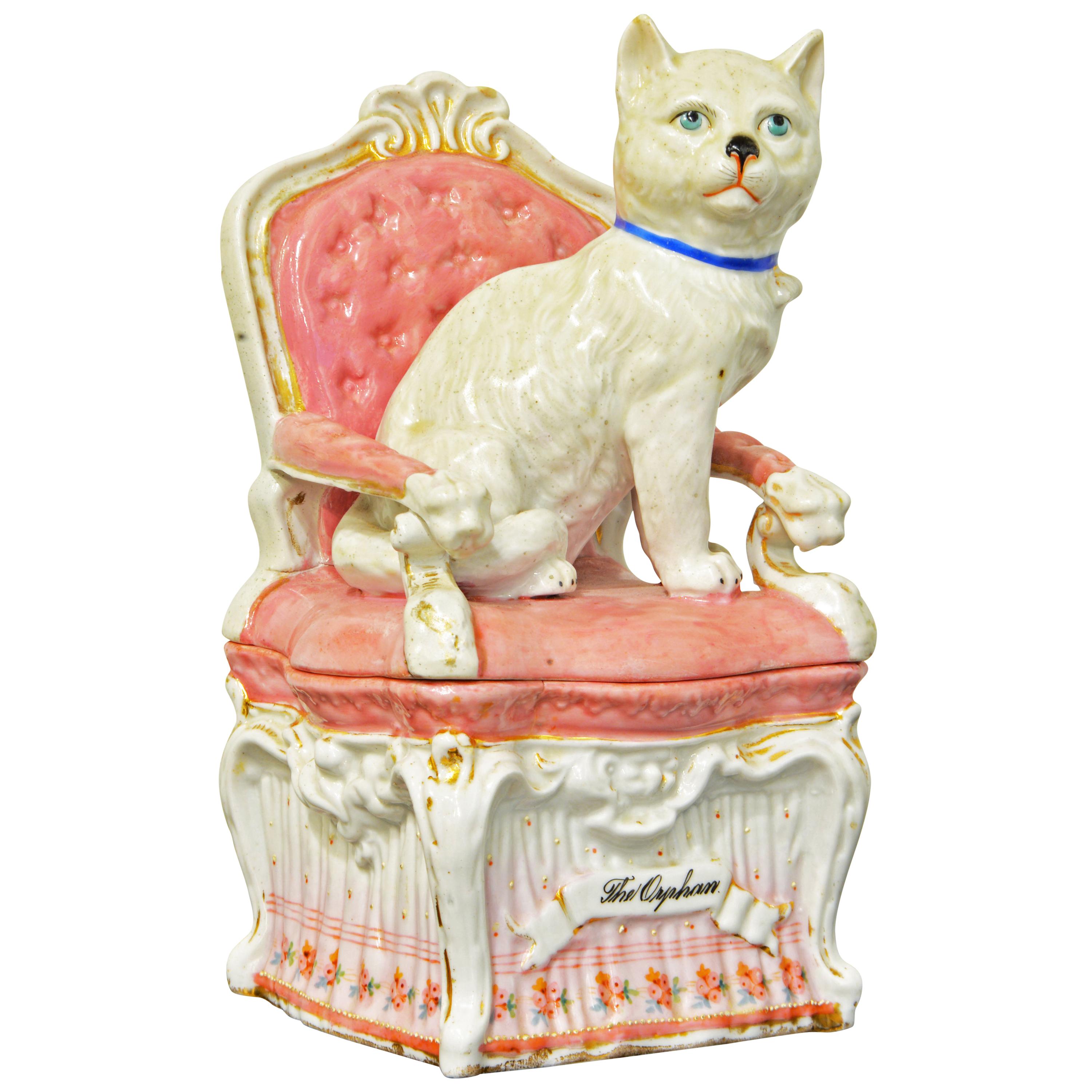 'The Orphan' English Statfordshire Two Part Porcelain Figurine of Cat on a Chair