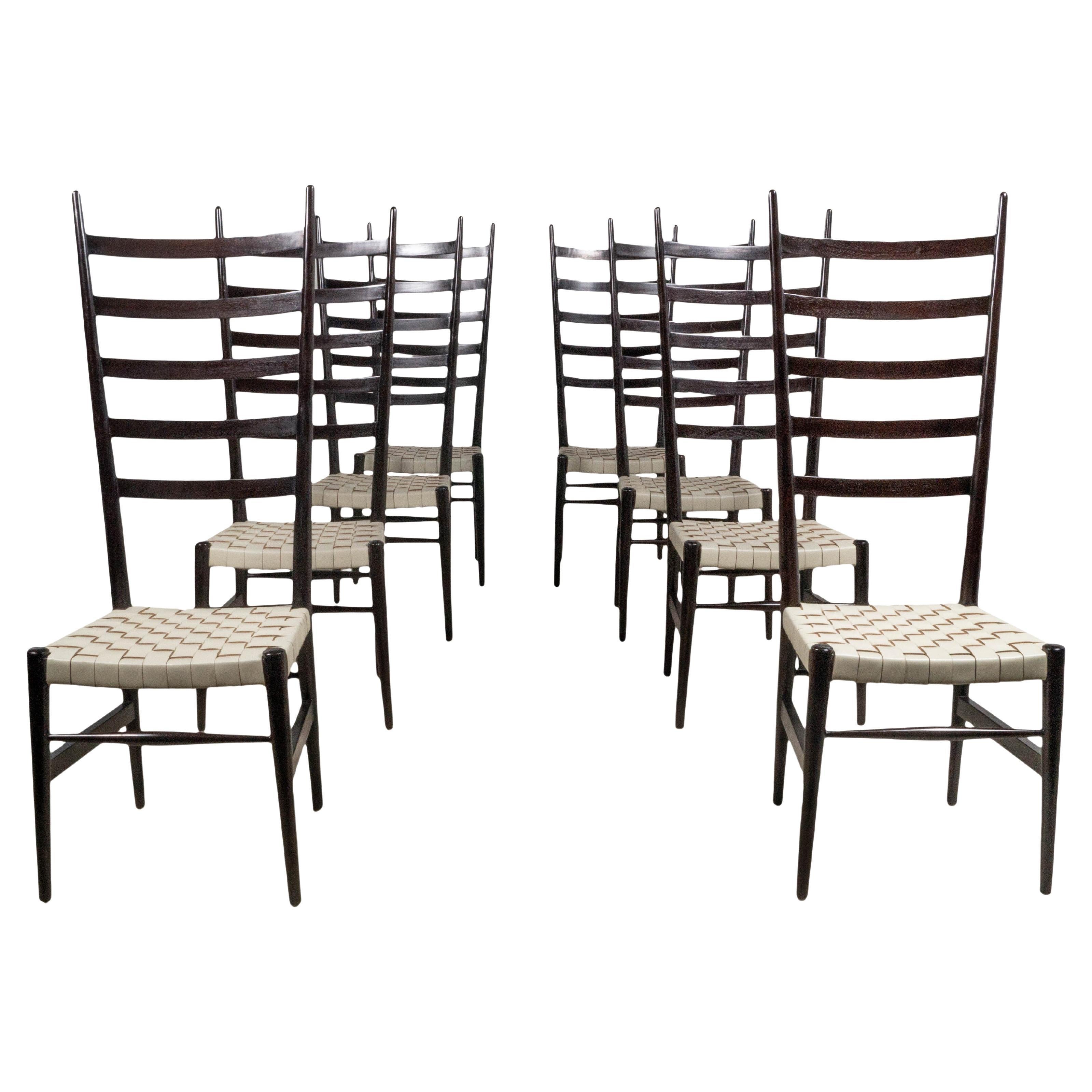 Otto Gerdau Set of 8 Dining Chairs with Basket-Weave Leather Seats and Black