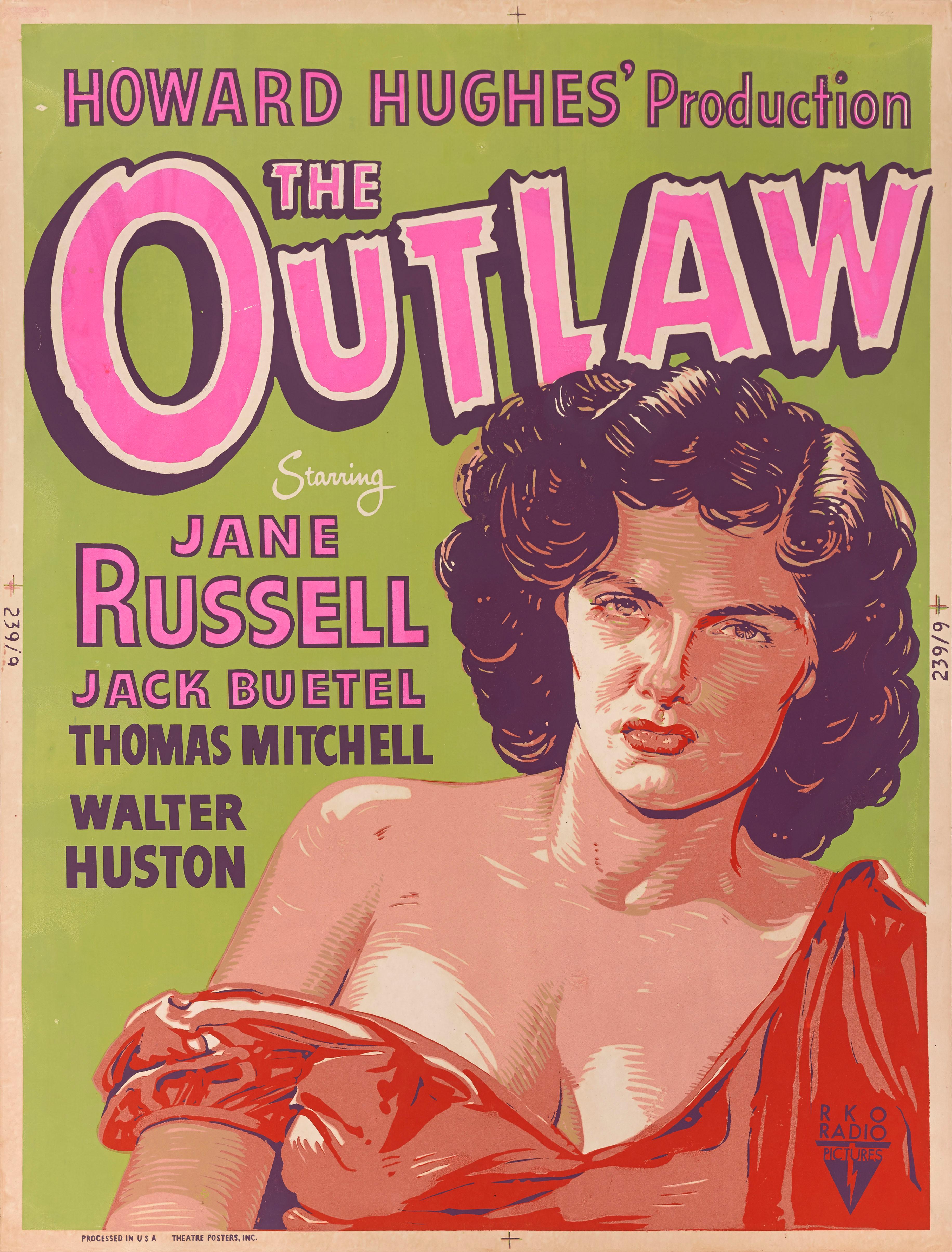 Original US film poster for The Outlaw 1942
This poster was designed for the 1950 US re-release of the film.
It is a very rare size and was and very few are know to have survived.
Howard Hughes, who produced and directed this sexy western, had a