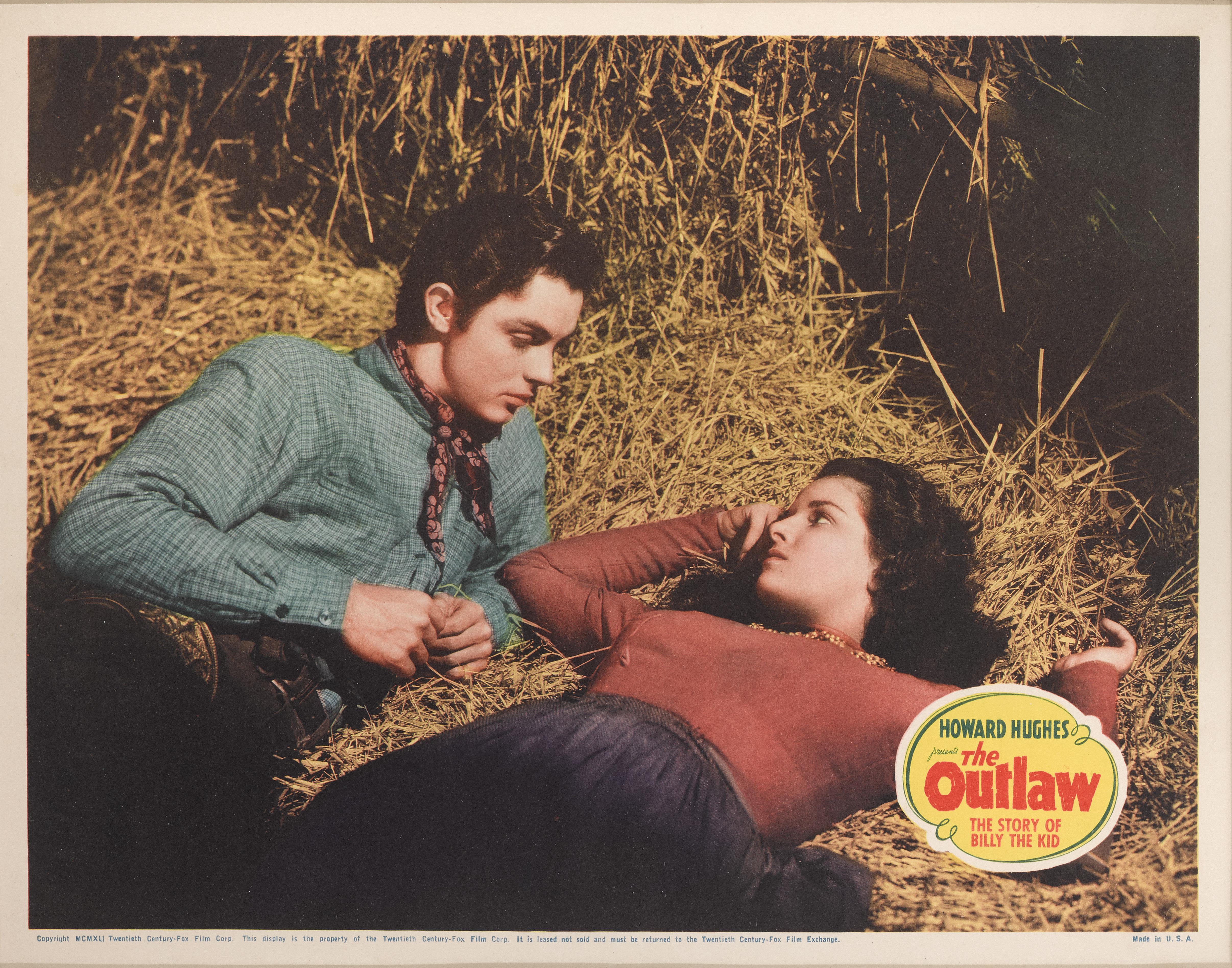 Original US lobby card for the 1942 Western The Outlaw.
This film was produced and directed by Howard Hughes, and stars Jack Buetel, Thomas Mitchell and Jane Russell. It tells the story of Pat Garrett, Doc Holliday and Billy the Kid. This film was