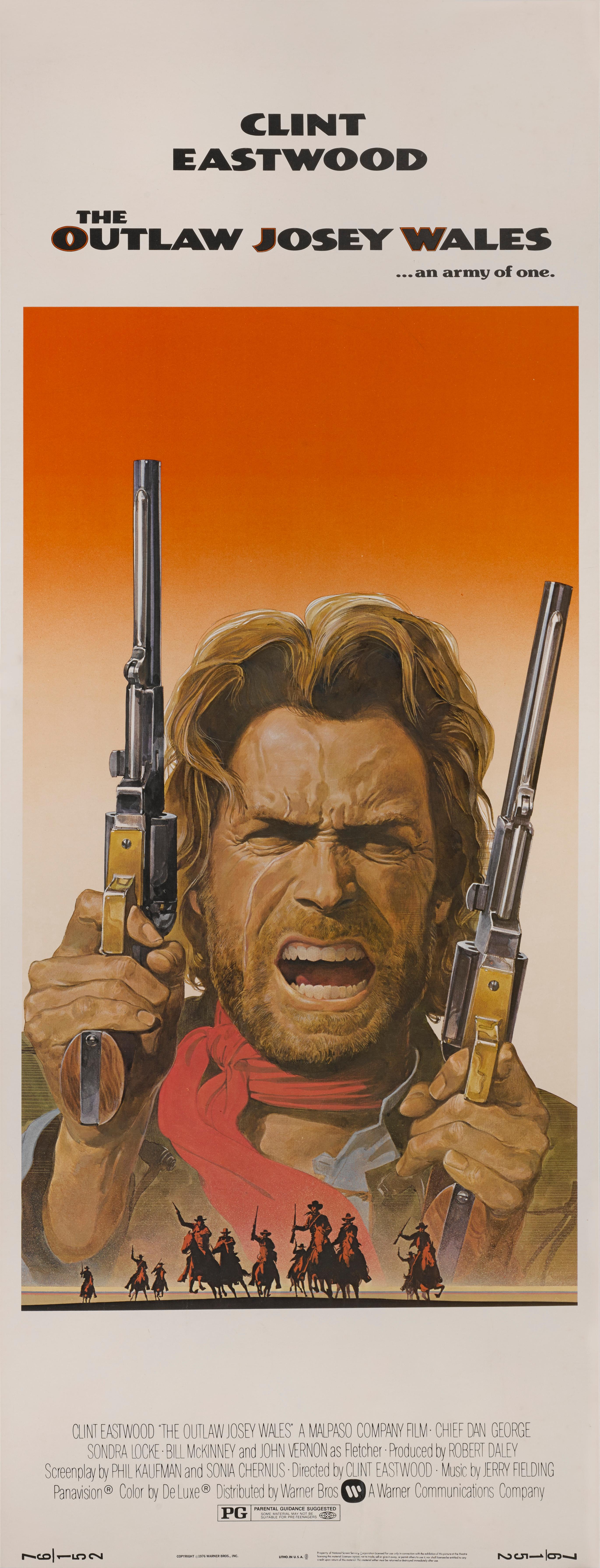 Original US film poster for the 1976 Western The Outlaw Josey Wales.
Directed and starring Clint Eastwood, this western set during and after the American Civil War, is one of the greatest in the genre.
This poster is unfolded and conservation