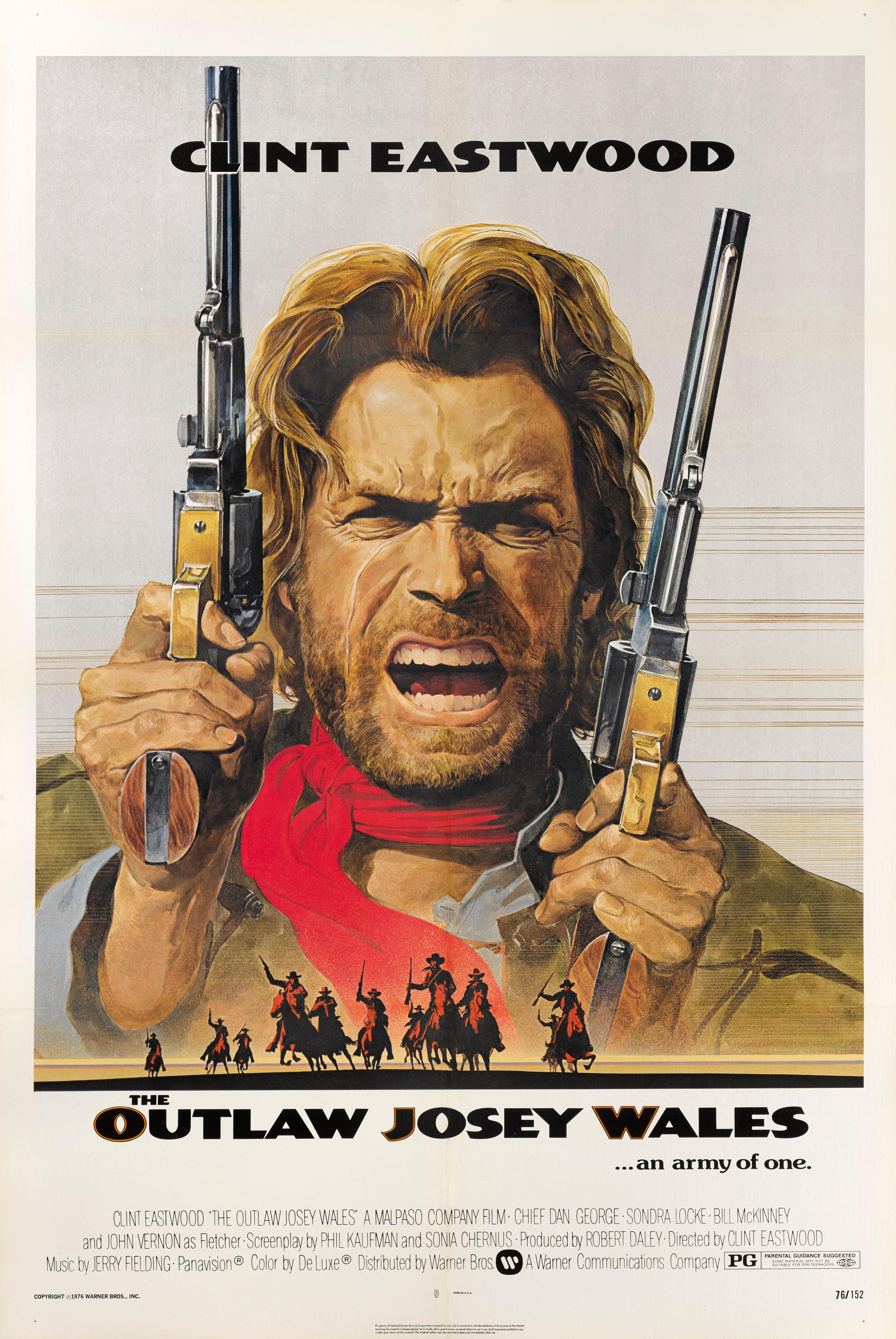 Original US-Filmplakat für den Western The Outlaw Josey Wales von 1976.
Unter der Regie und mit Clint Eastwood in der Hauptrolle ist dieser Western, der während und nach dem amerikanischen Bürgerkrieg spielt, einer der größten des Genres.
Dieses