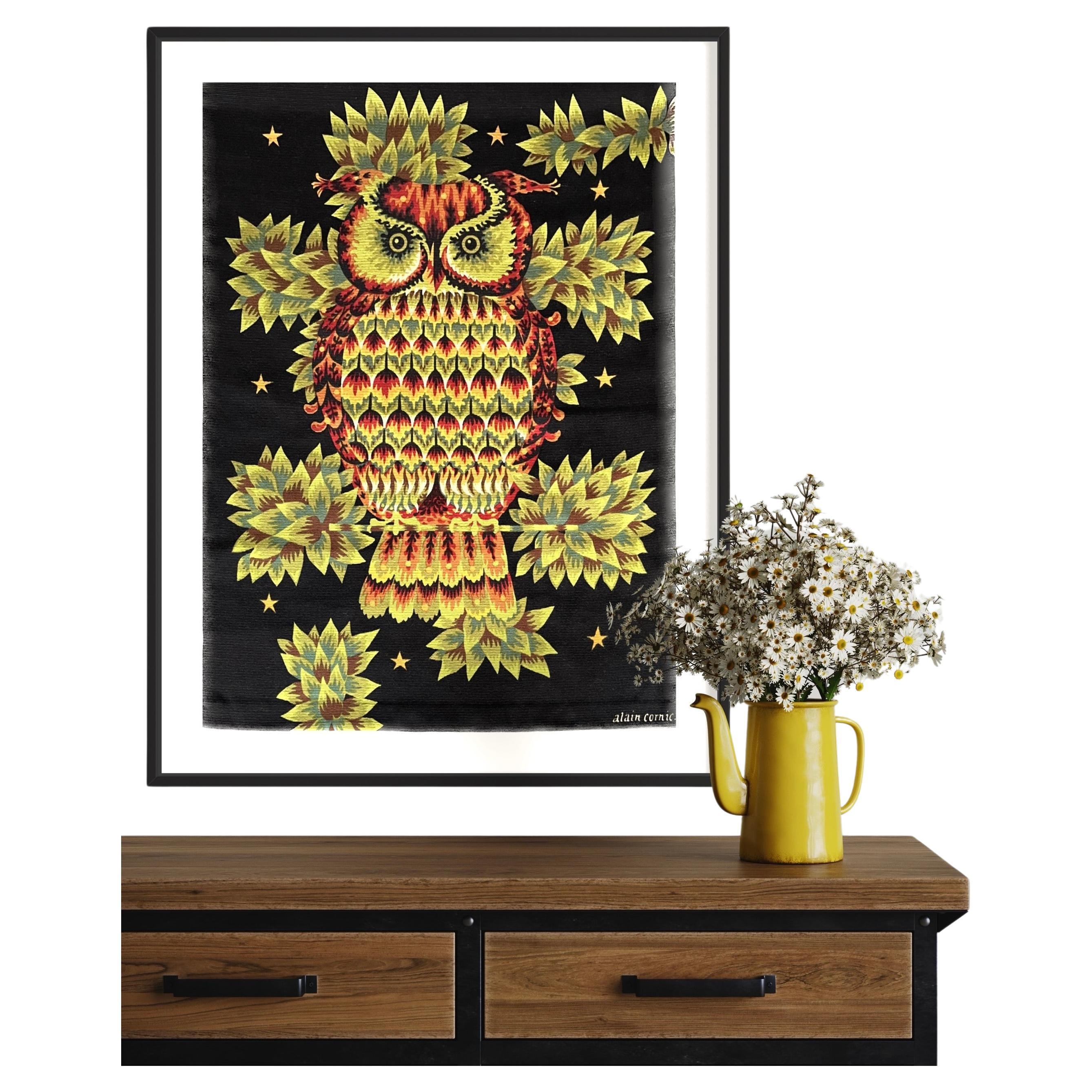 The Owl Wall Tapestry - Alain Cornic Aubusson For Sale