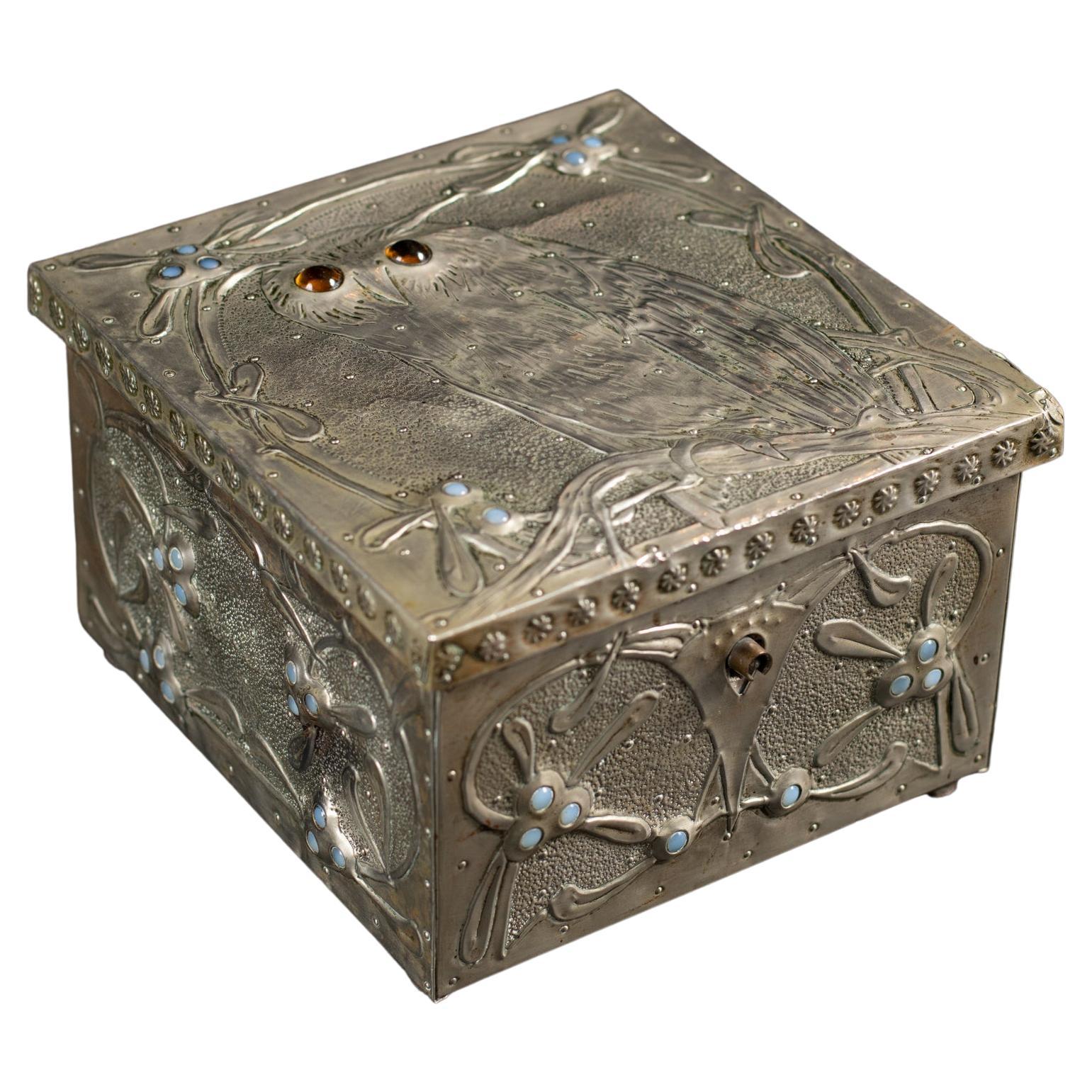 Art Nouveau Owl Repoussé Box with Moonstones by Alfred Daguet For Sale