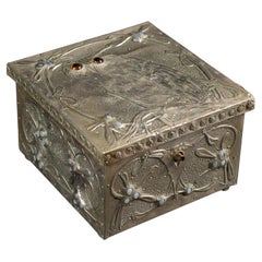 Antique Art Nouveau Owl Repoussé Box with Moonstones by Alfred Daguet