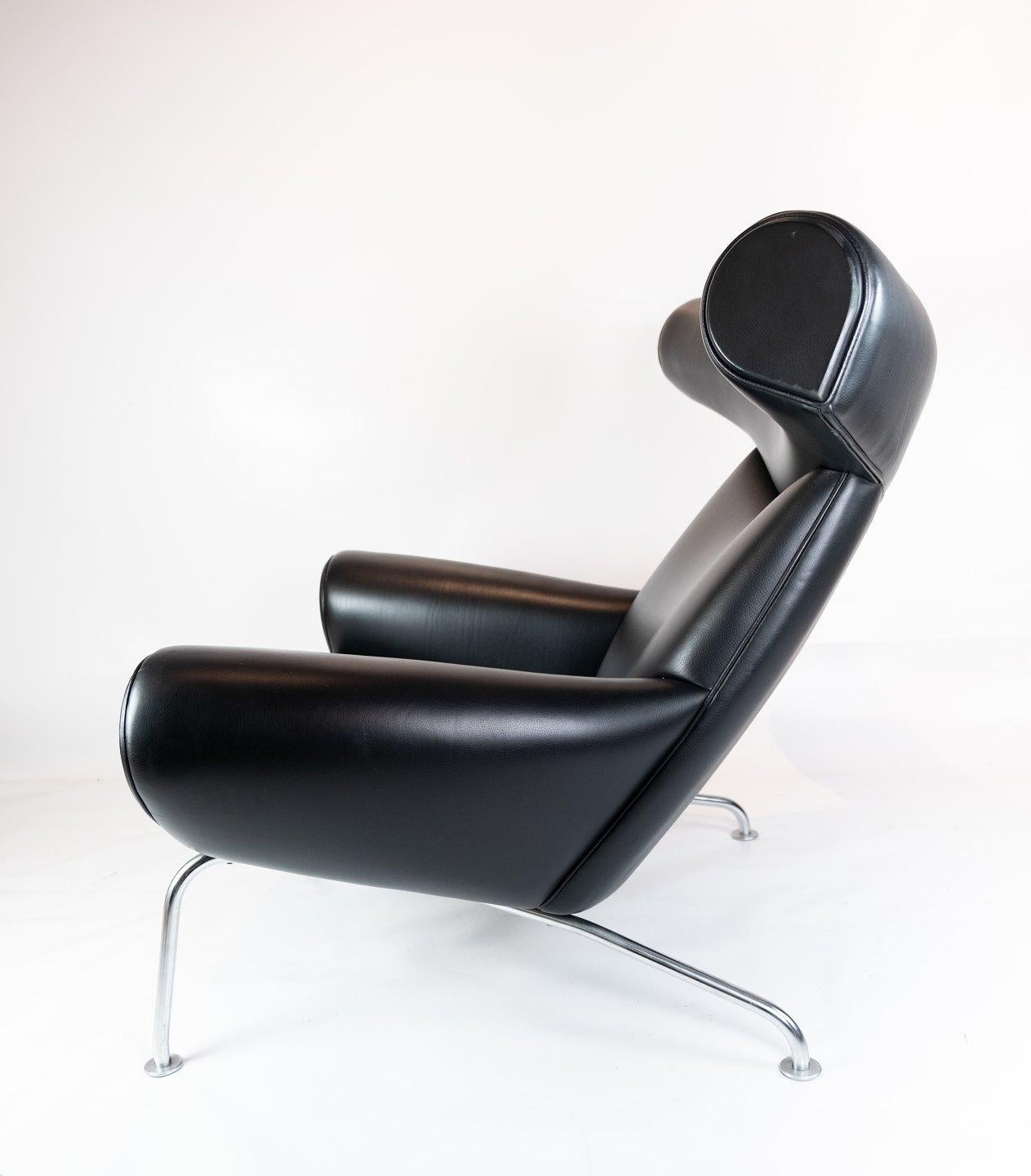 Danish Ox Chair, Model EJ 100 Upholstered in Black Leather, by Hans J. Wegner