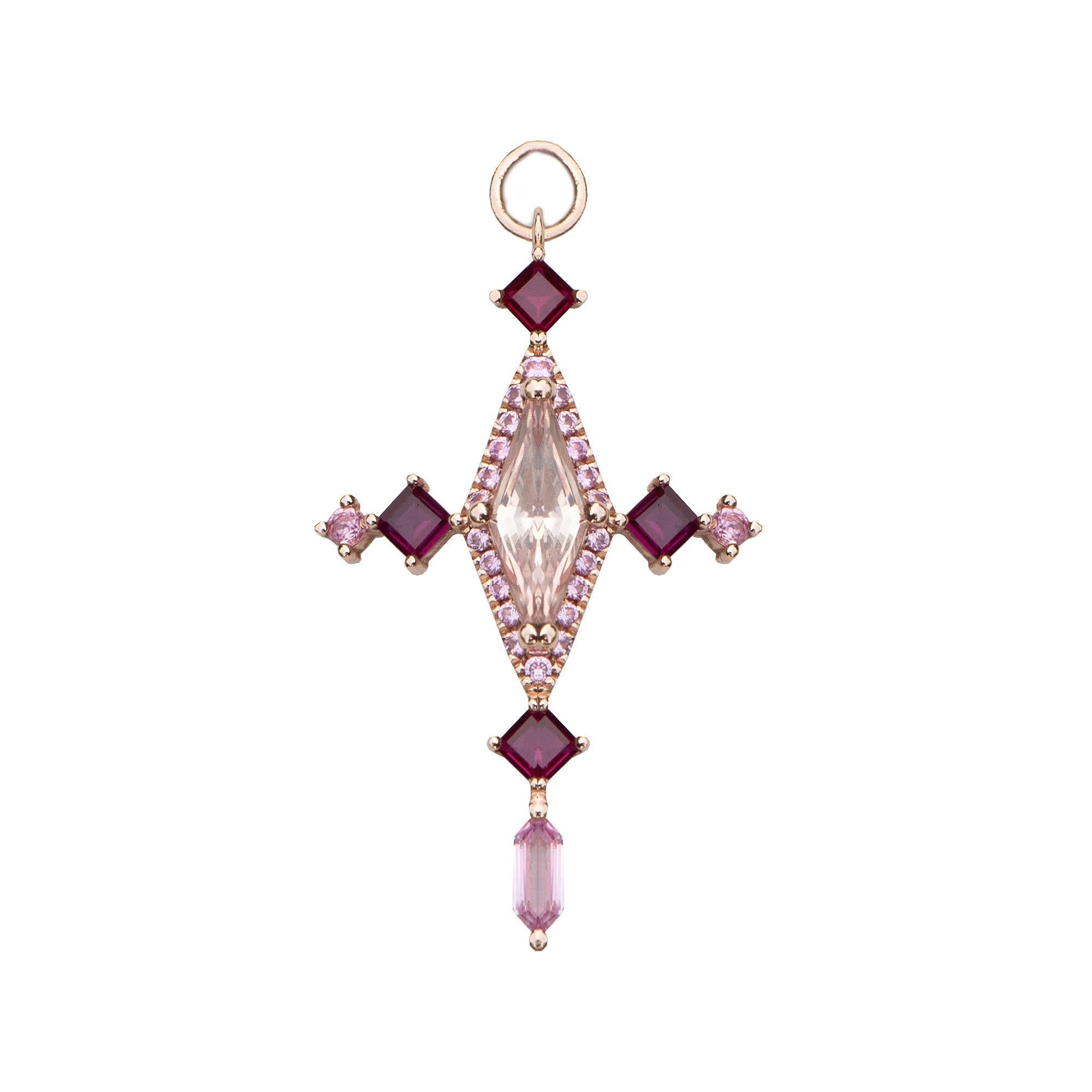 Art Deco The Padparadscha and Ruby Cross - 14kt Rose Gold Drop Hoop Earring For Sale