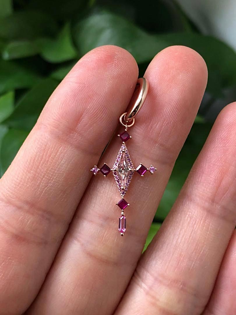 Women's or Men's The Padparadscha and Ruby Cross - 14kt Rose Gold Drop Hoop Earring For Sale