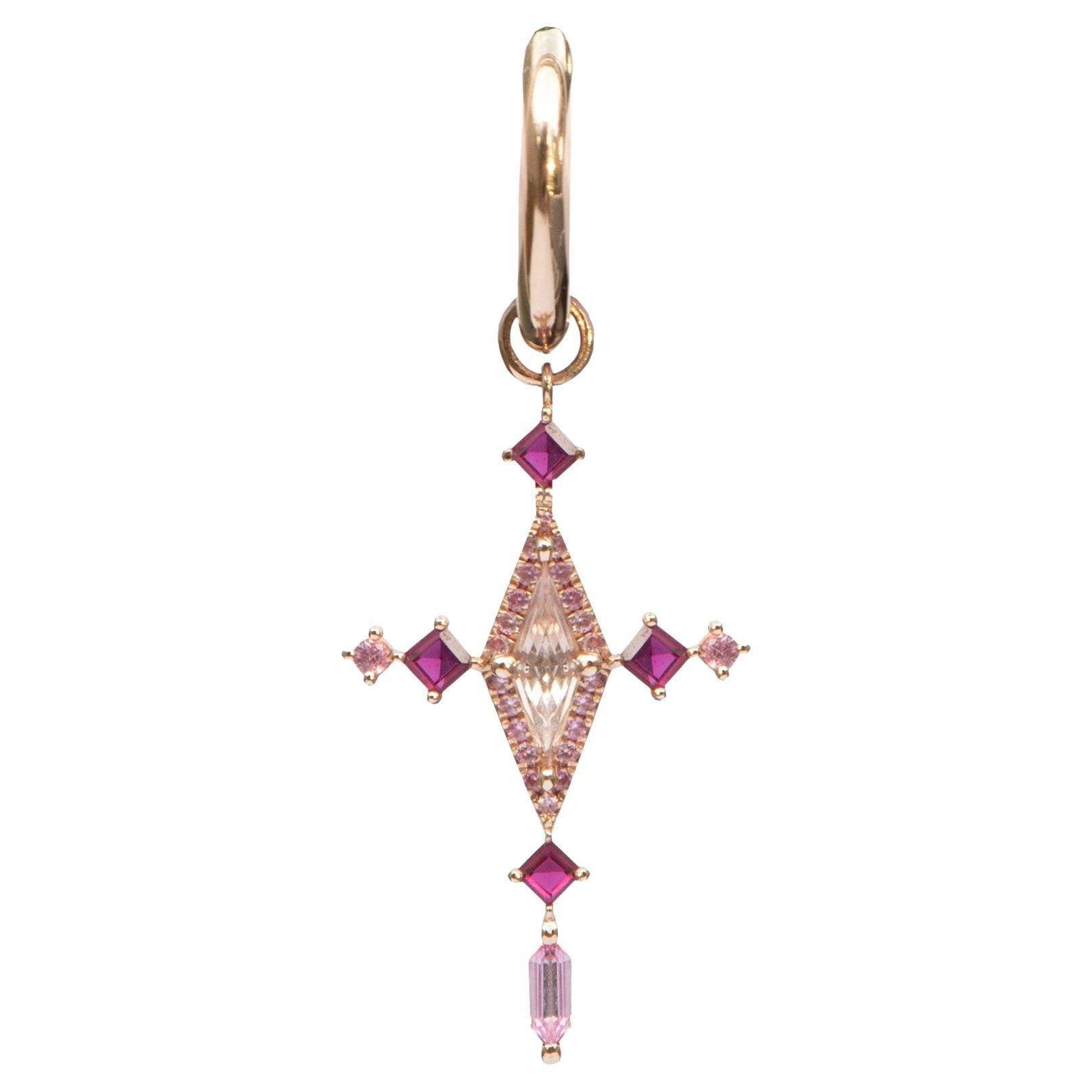 The Padparadscha and Ruby Cross - 14kt Rose Gold Drop Hoop Earring For Sale