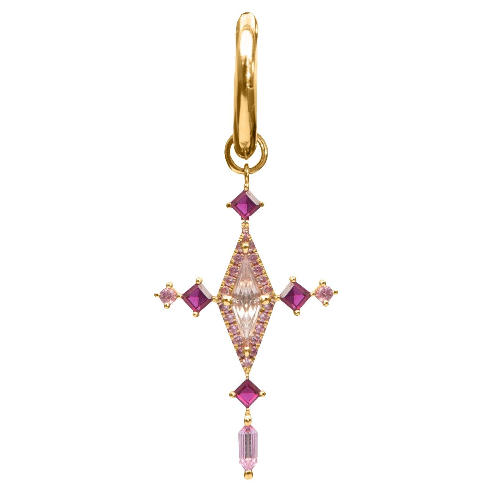 The Padparadscha and Ruby Cross - 14kt Yellow Gold Drop Hoop Earring For Sale