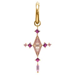 The Padparadscha and Ruby Cross - 14kt Yellow Gold Drop Hoop Earring