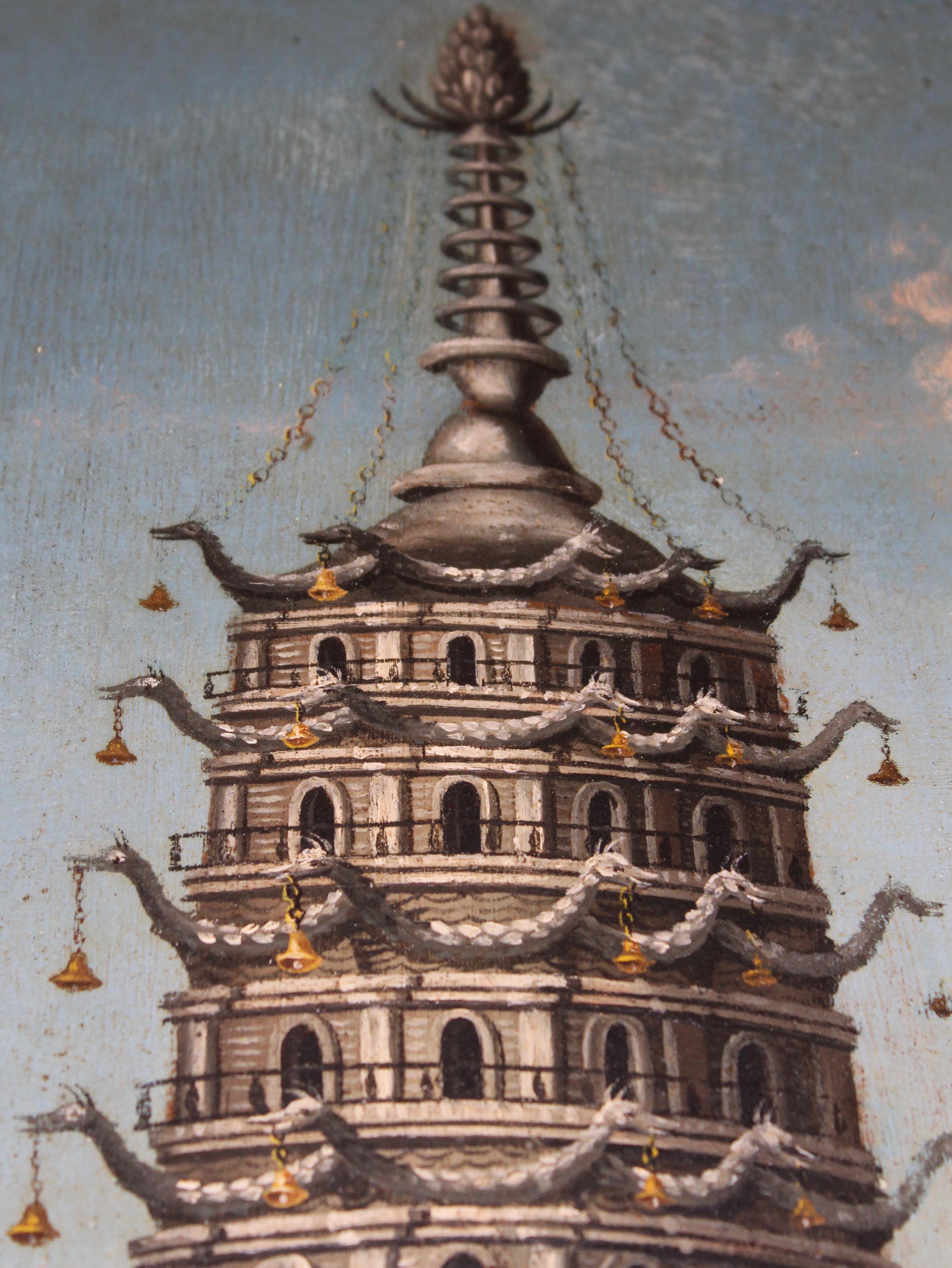 Pagoda at Nanking, Oil on Tin, with Fitted Chiming Clock, China, circa 1810 For Sale 2