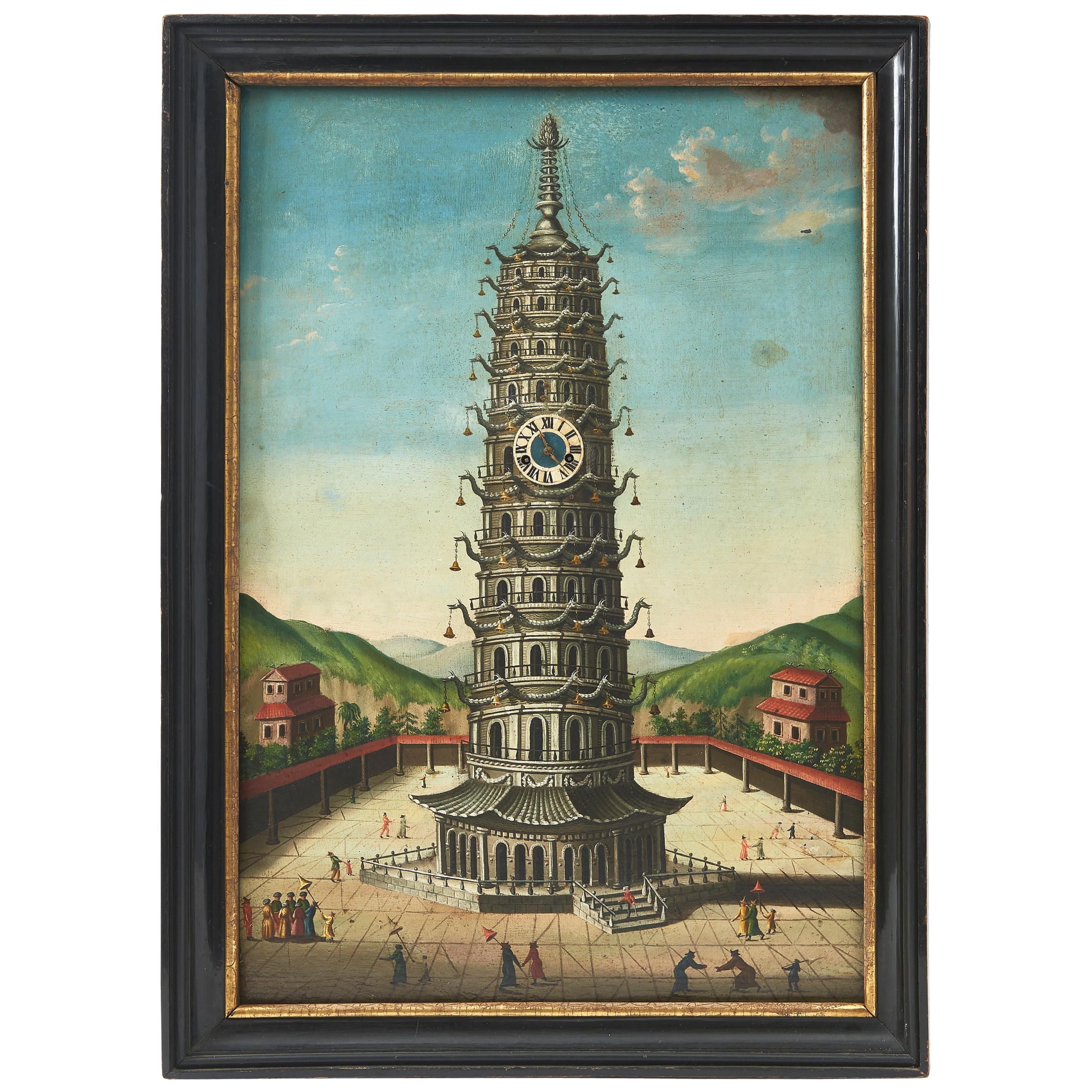 Pagoda at Nanking, Oil on Tin, with Fitted Chiming Clock, China, circa 1810 For Sale
